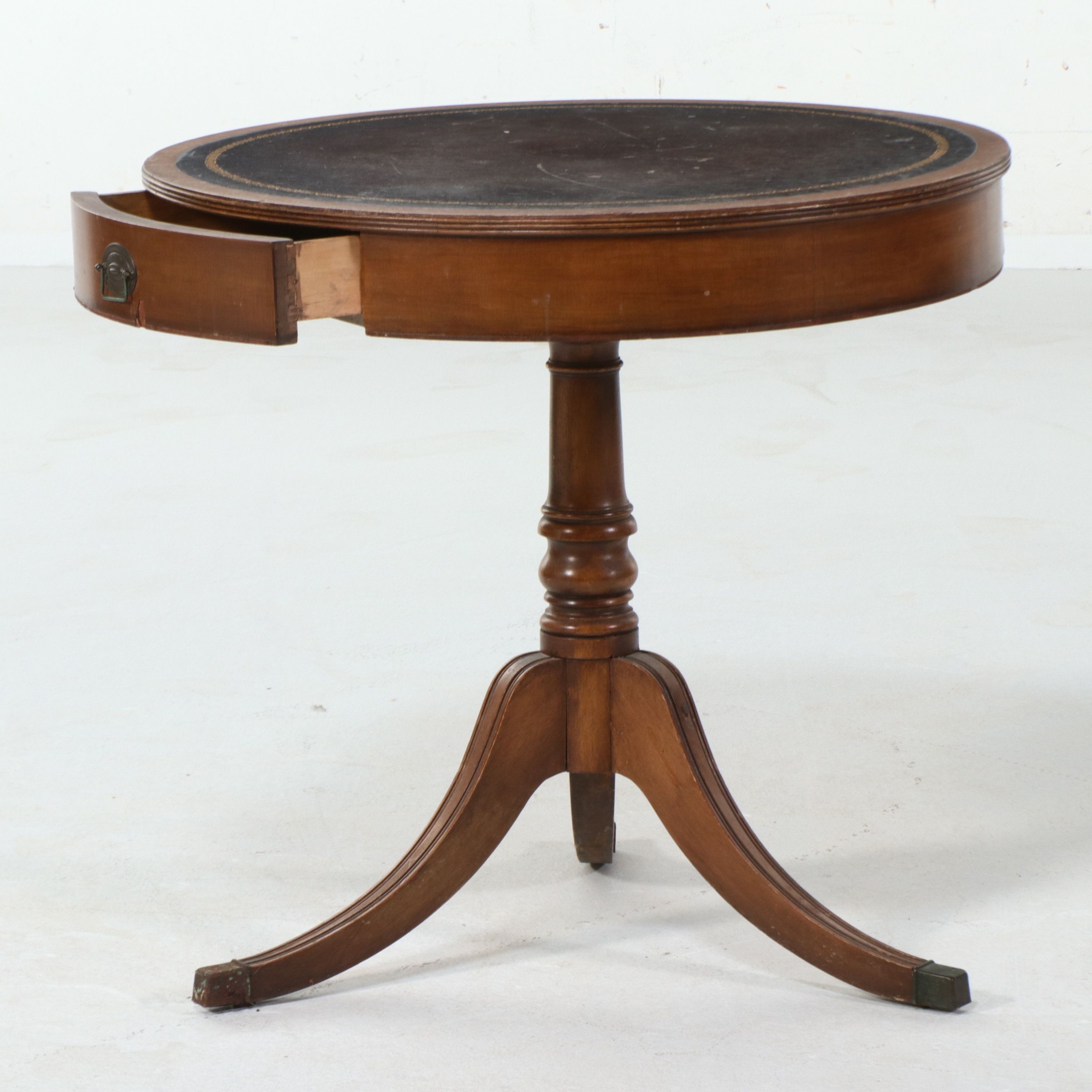 Duncan Phyfe Mahogany Drum Table with Tooled Leather Top