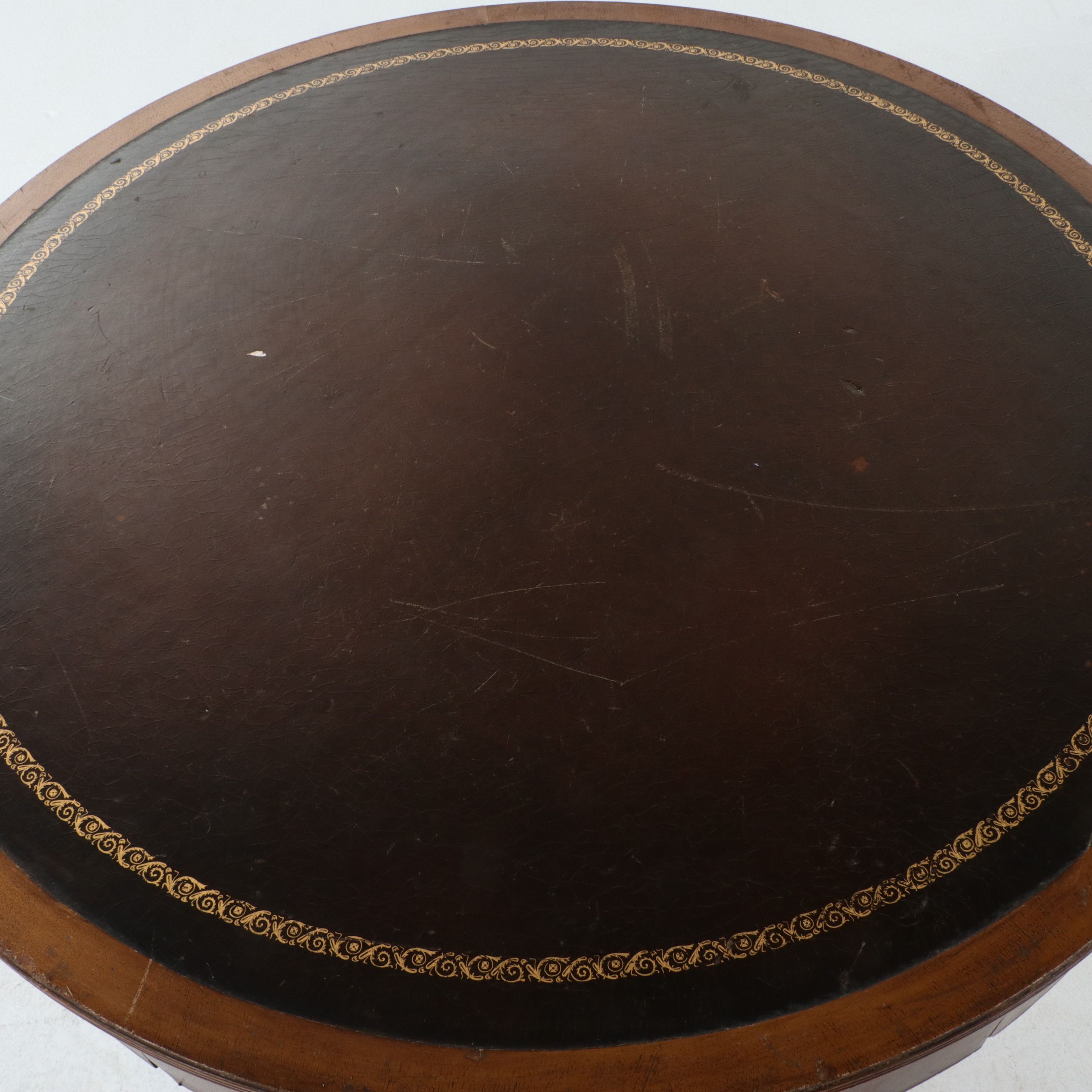 Duncan Phyfe Mahogany Drum Table with Tooled Leather Top