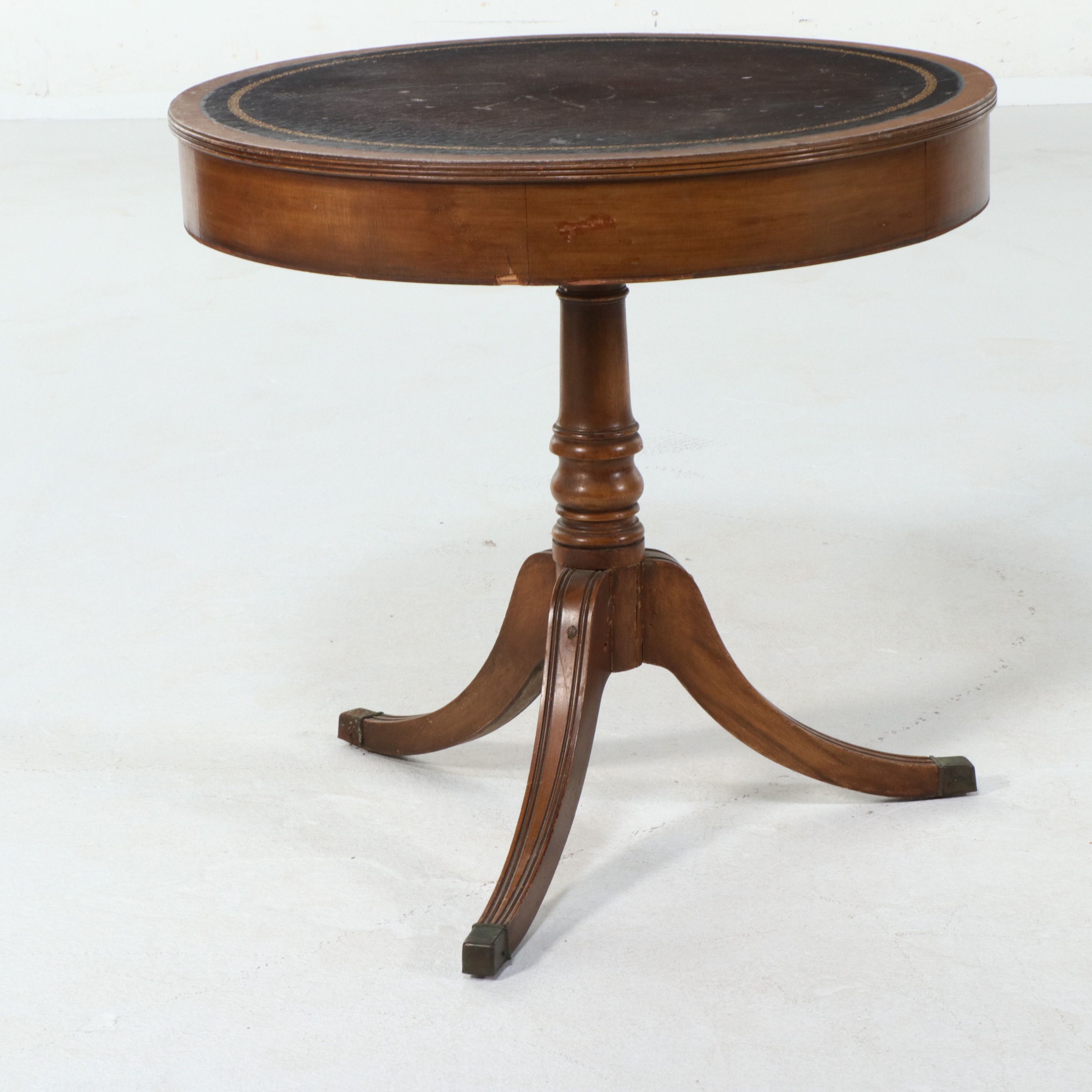 Duncan Phyfe Mahogany Drum Table with Tooled Leather Top