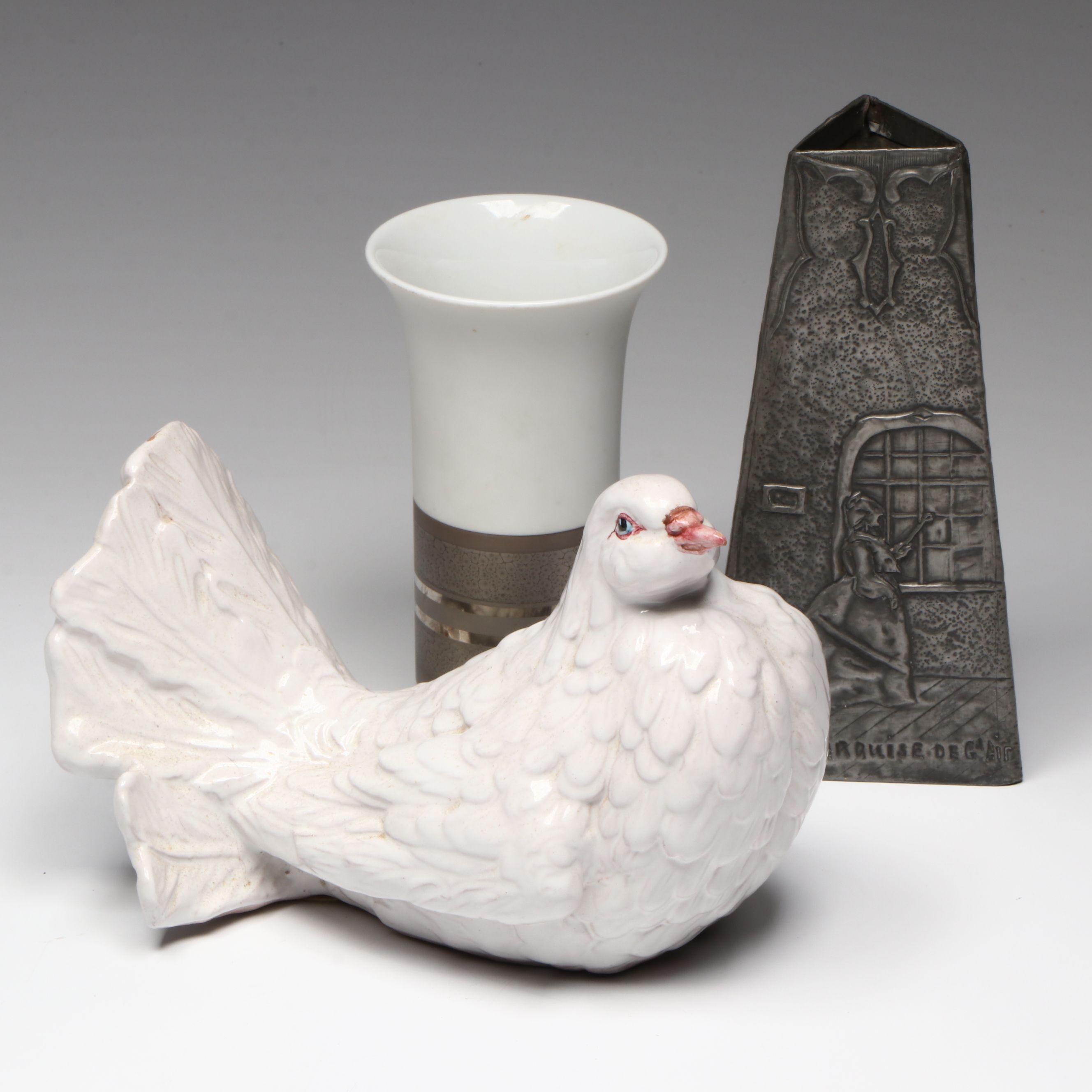 Italian Ceramic Dove Figure with Rosenthal Porcelain and Other Metal Vase