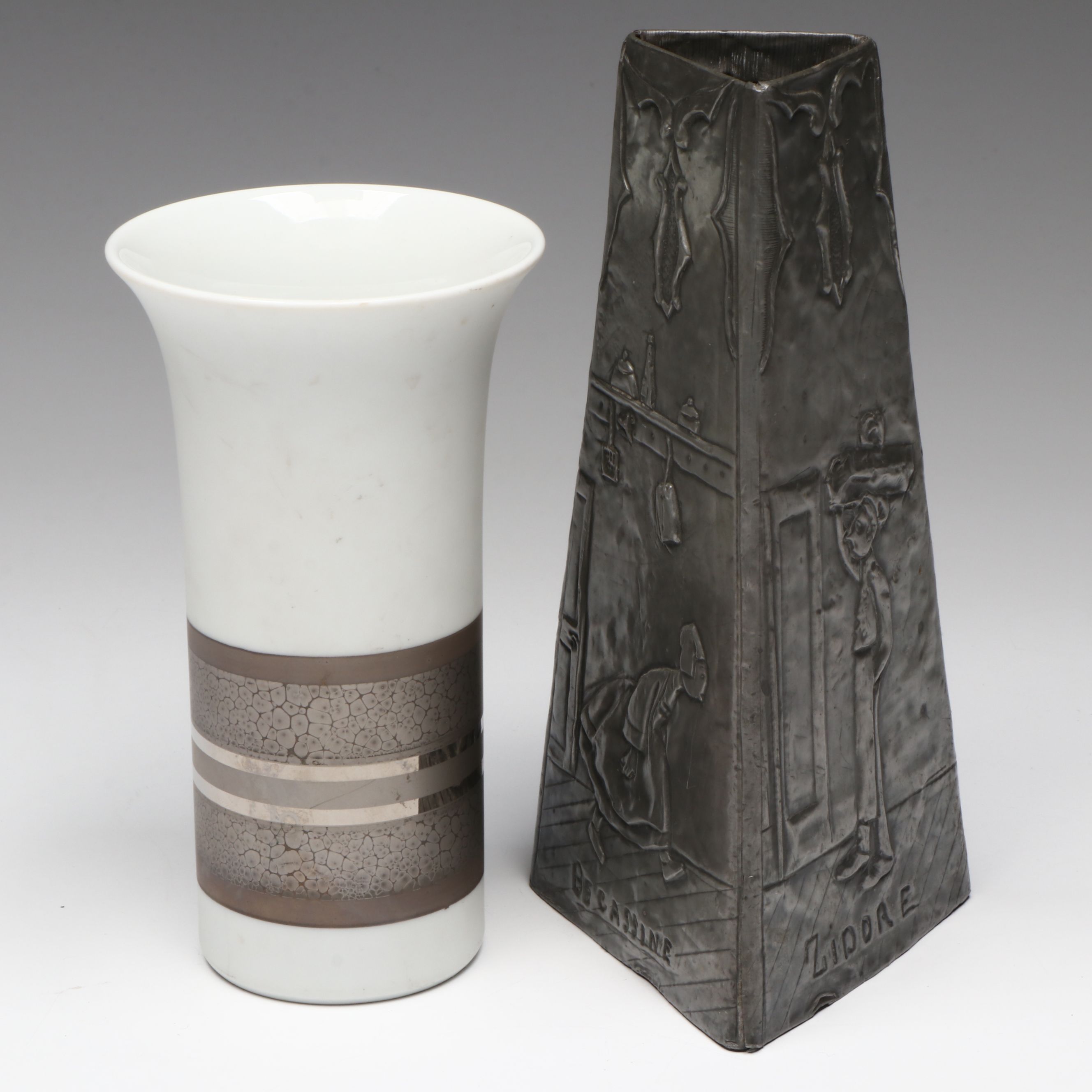 Italian Ceramic Dove Figure with Rosenthal Porcelain and Other Metal Vase