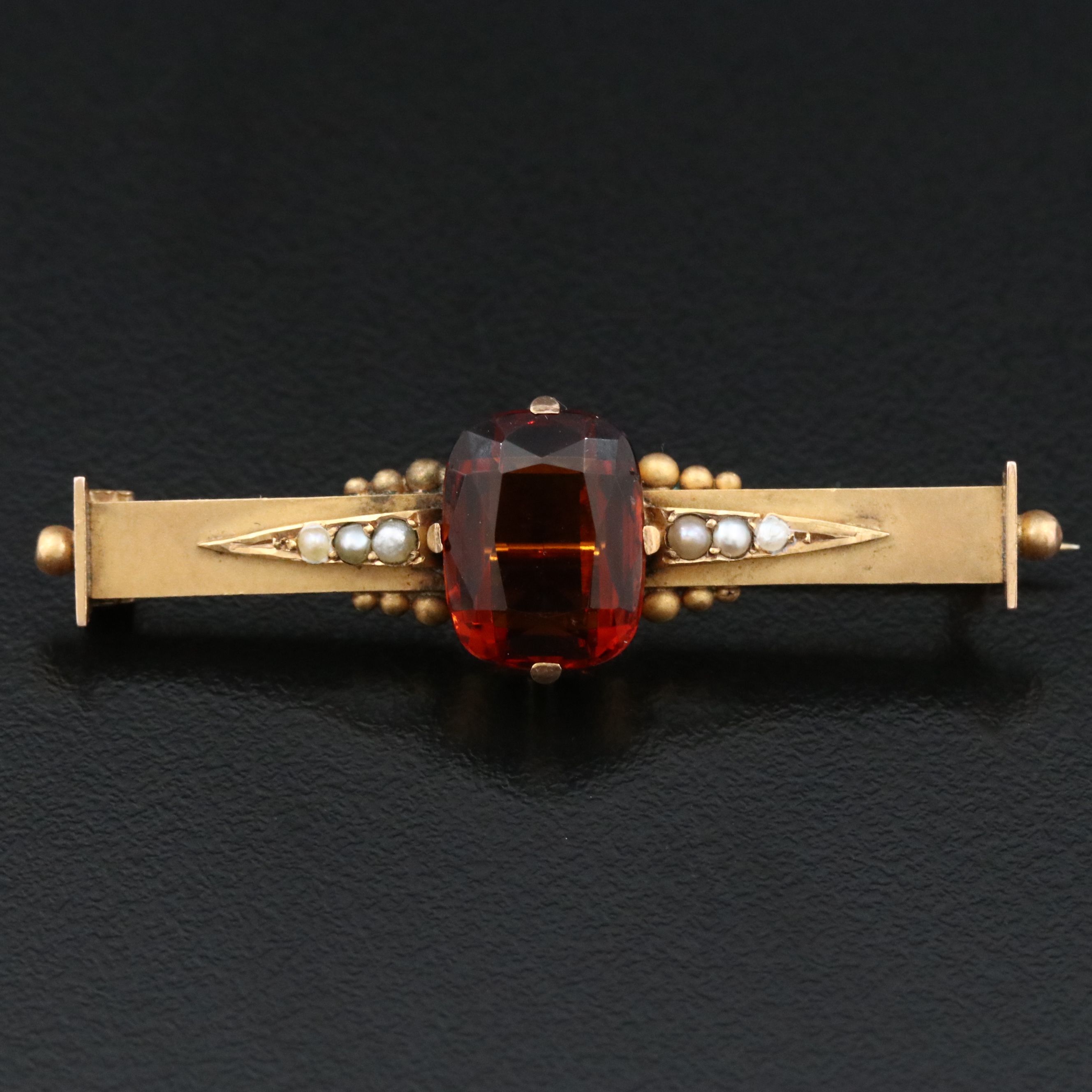 Antique 9K Citrine and Seed Pearl Bar Pin, Early 1900s