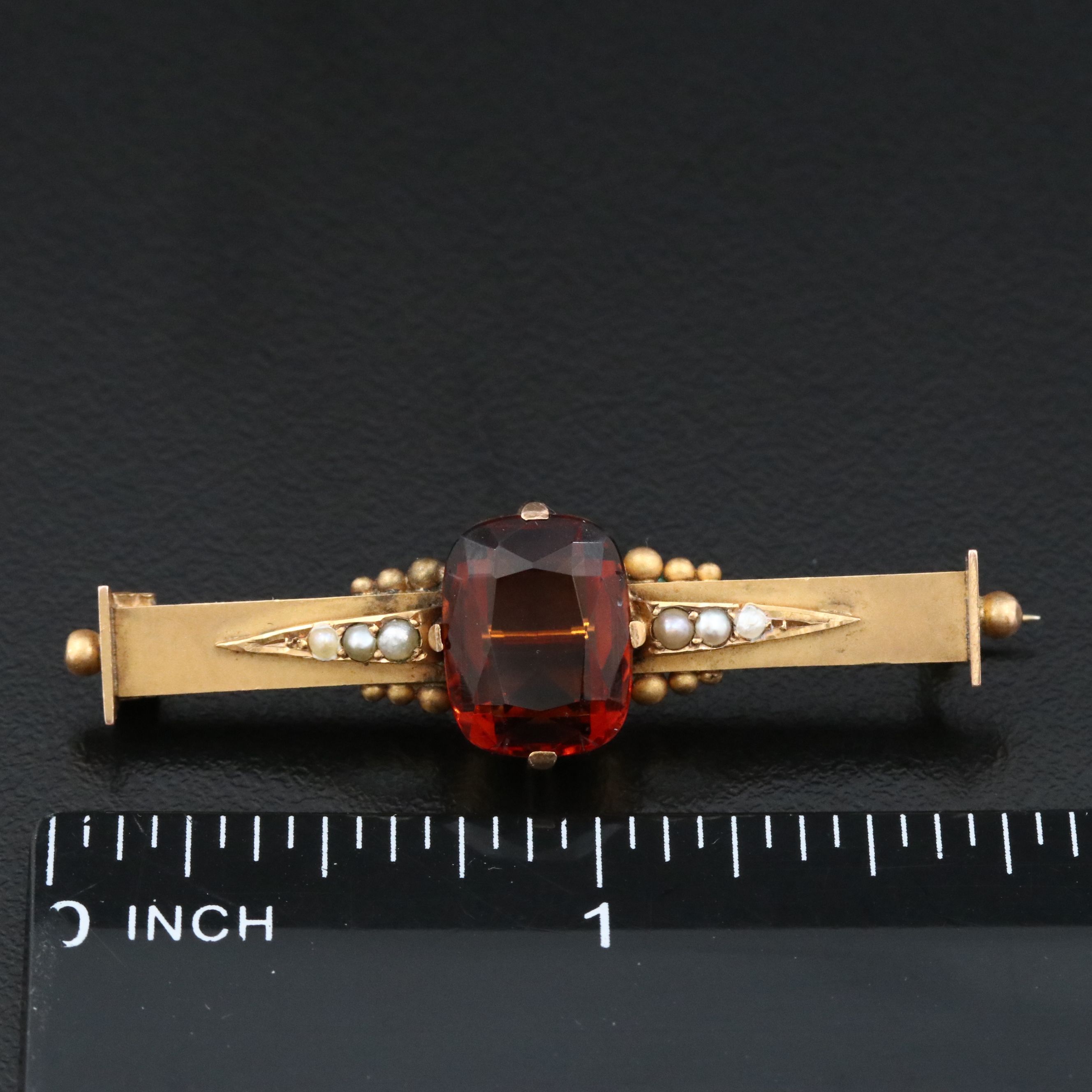 Antique 9K Citrine and Seed Pearl Bar Pin, Early 1900s