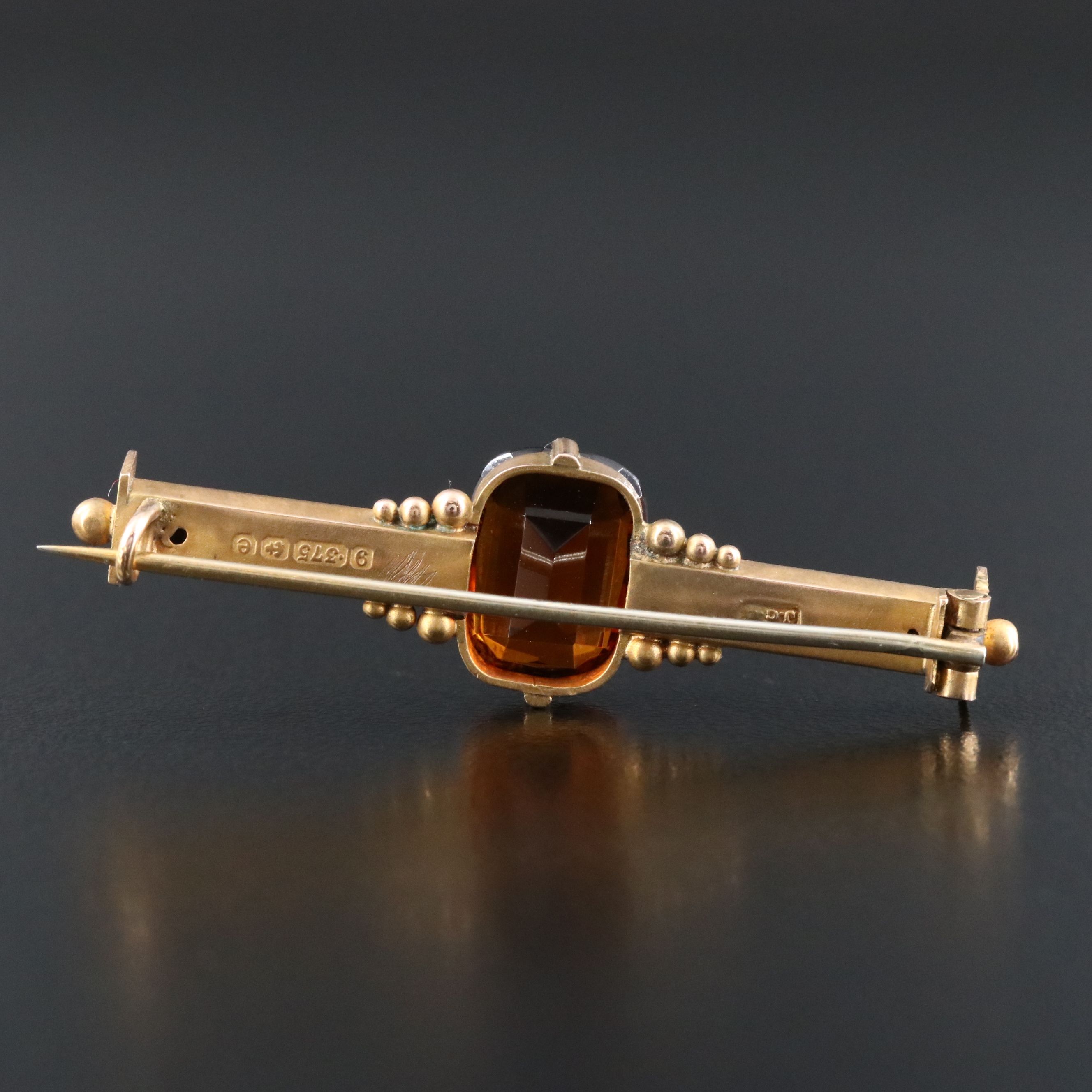 Antique 9K Citrine and Seed Pearl Bar Pin, Early 1900s