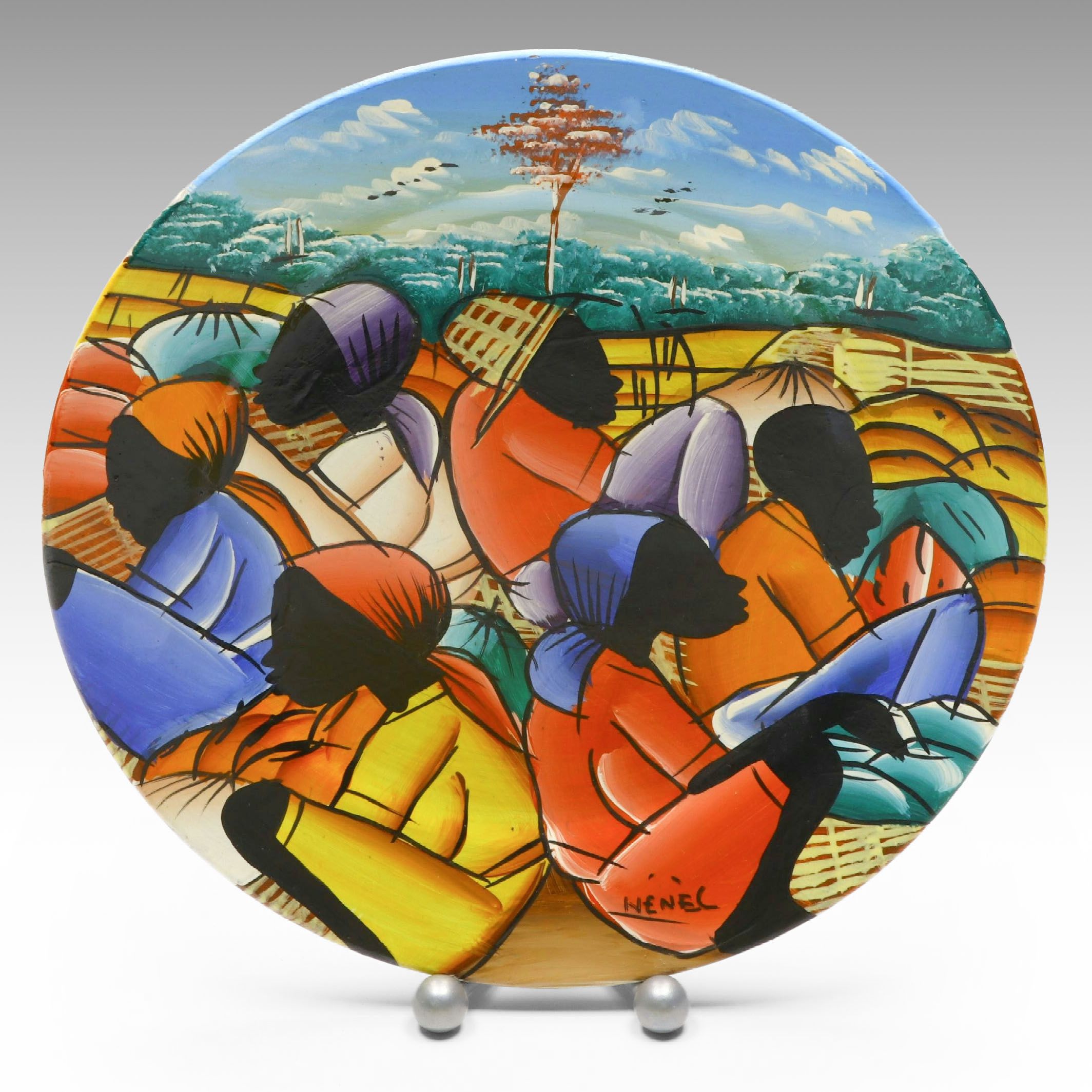 Hand-Painted Folk Art Plate of Haitian Market Scene on Stand, Signed by Artist