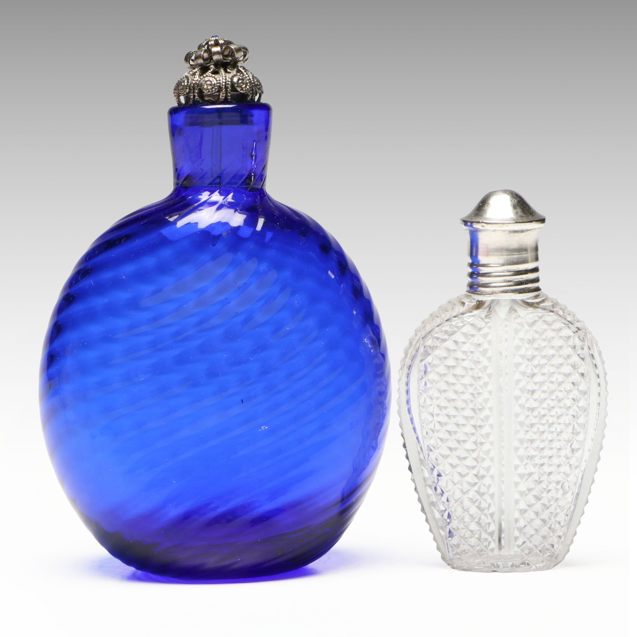 English Sterling Capped Cut Glass Bottle and Pairpoint Handblown Cobalt Glass