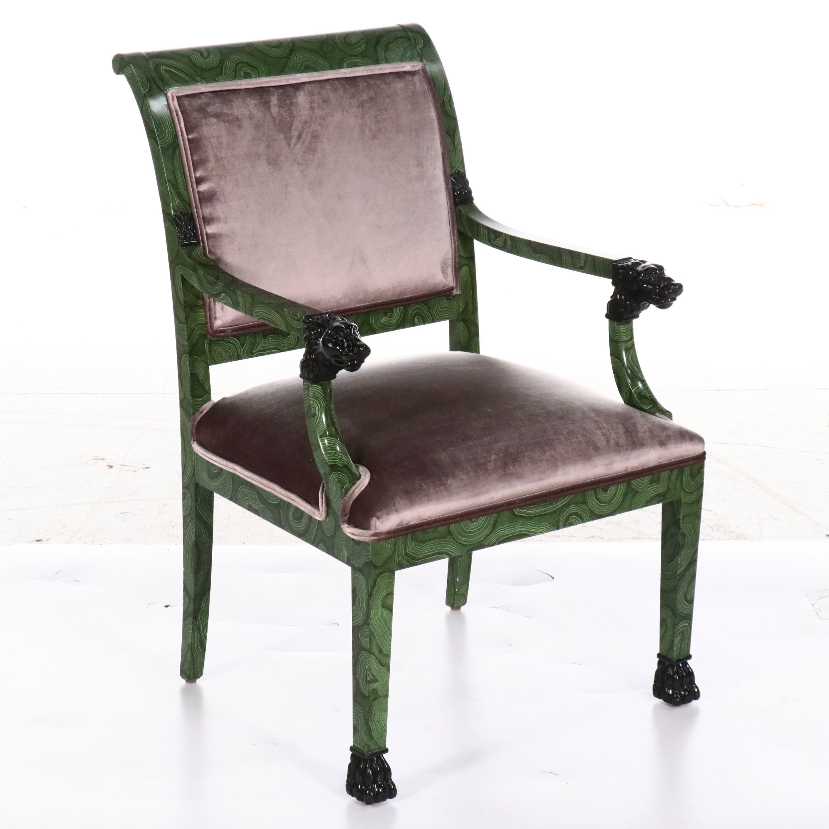 Pair of Lewis Mittman Empire Style Malachite Trompe-l'oeil Lacquered Armchairs