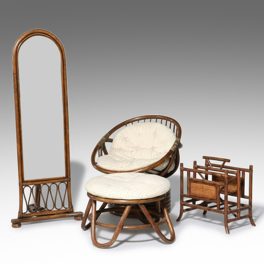 Four-Piece Bamboo and Rattan Living Room Set, Late 20th Century