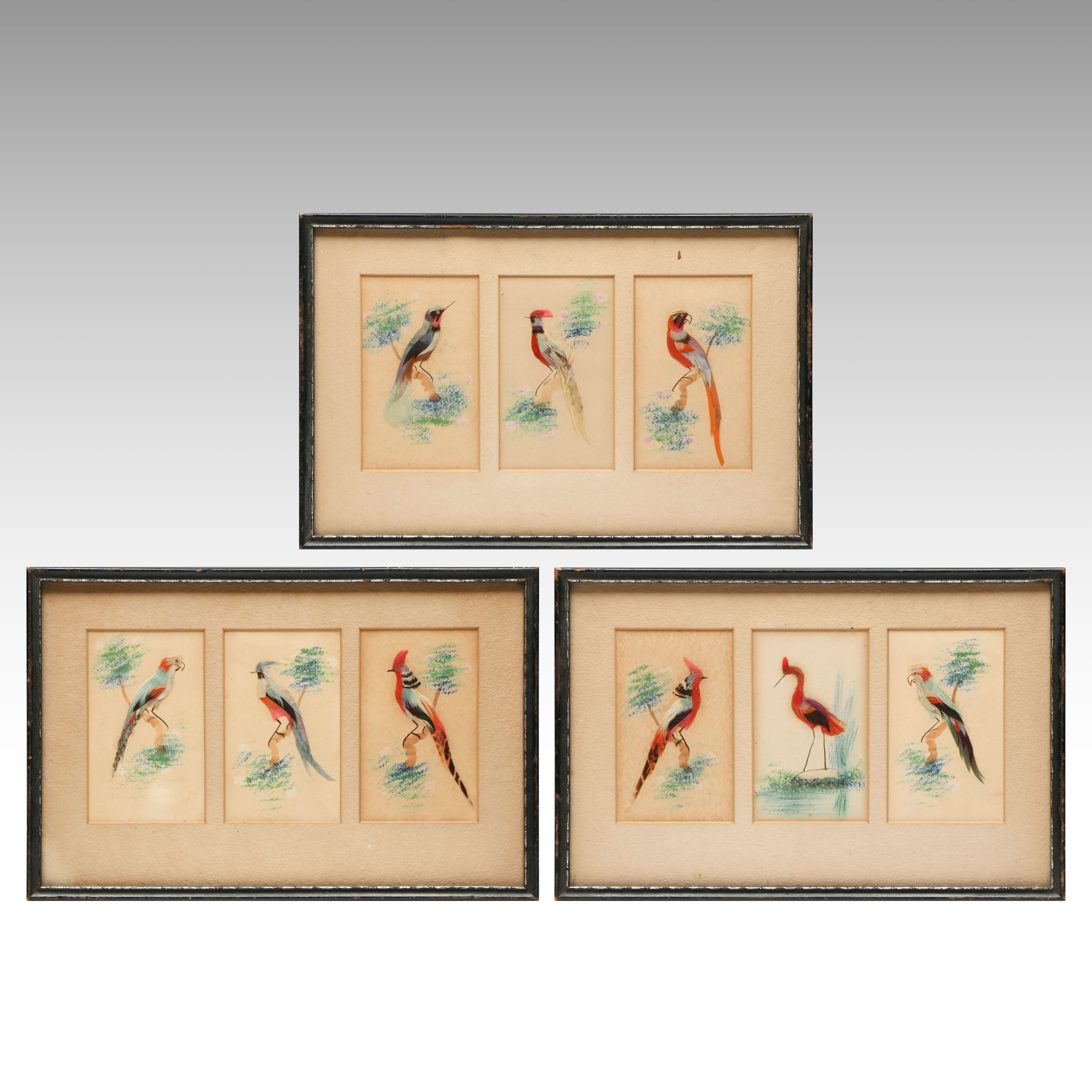 Chinese Feather Craft Collages of Birds