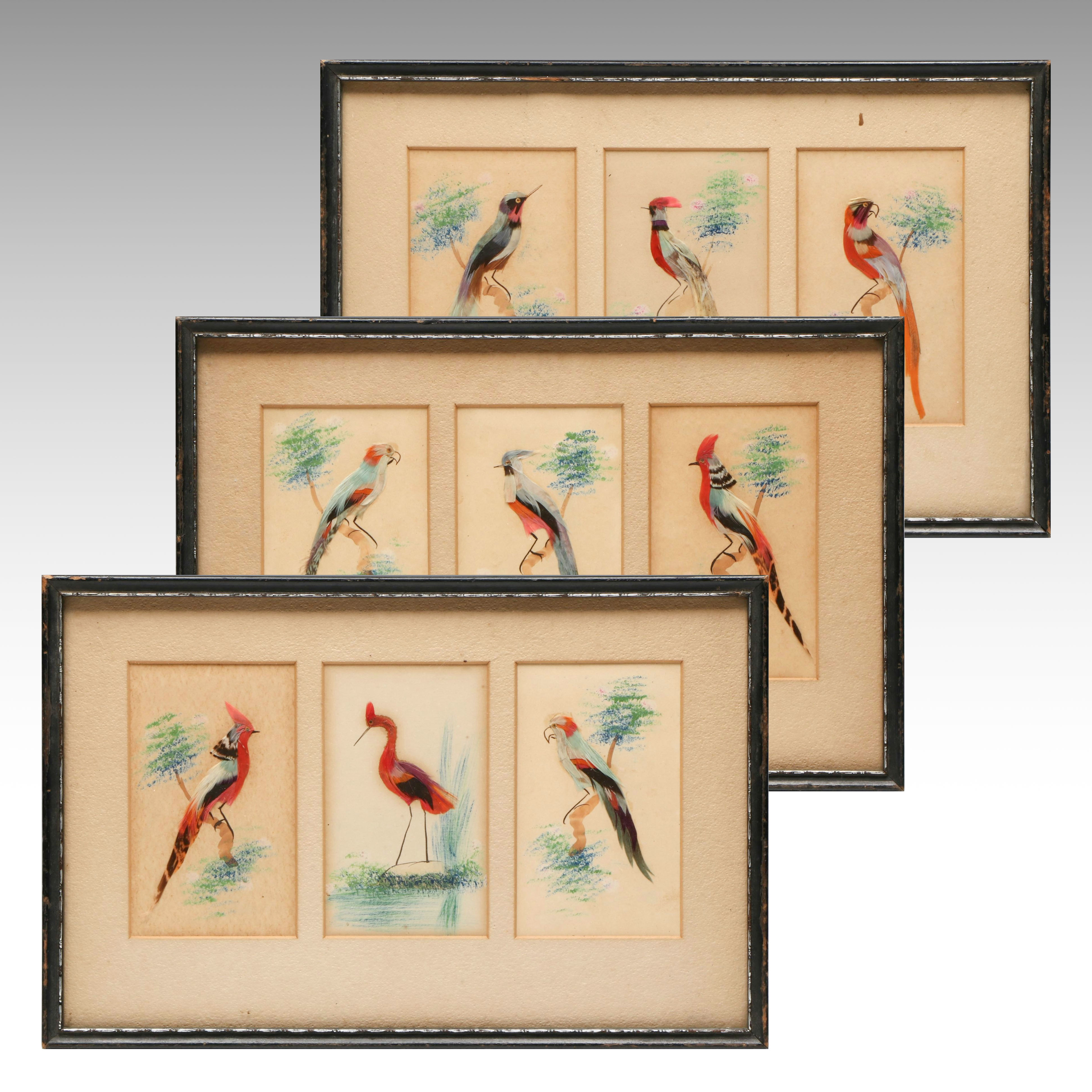 Chinese Feather Craft Collages of Birds