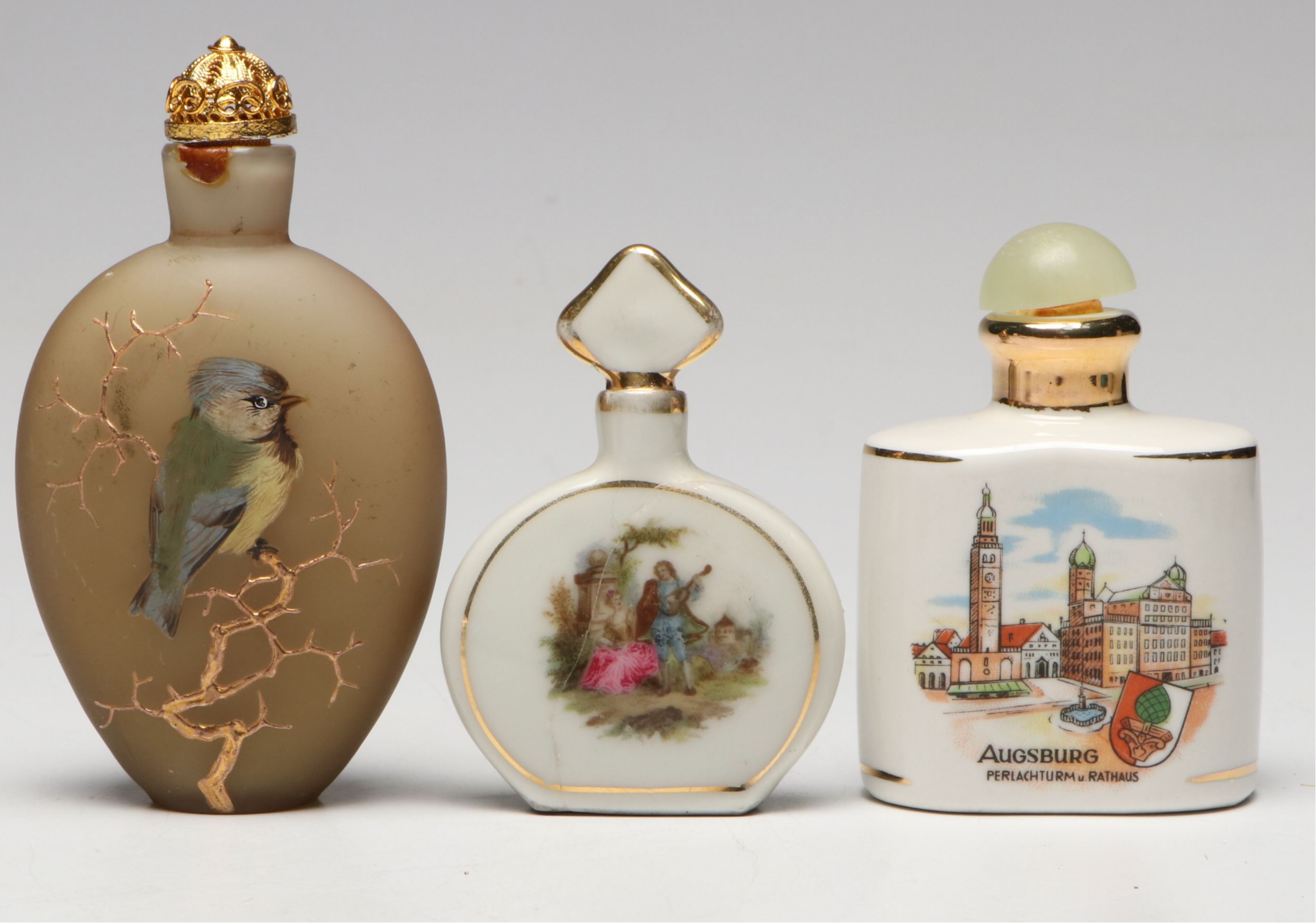 Victorian Hand-Painted Bird Snuff Bottle with Other German Porcelain Bottles