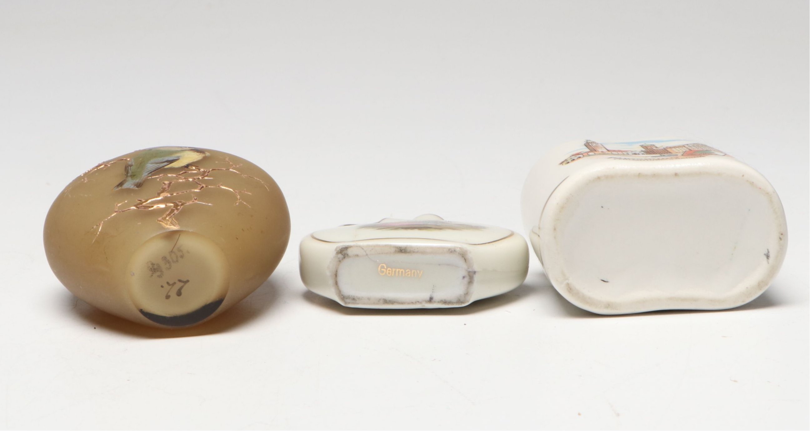 Victorian Hand-Painted Bird Snuff Bottle with Other German Porcelain Bottles