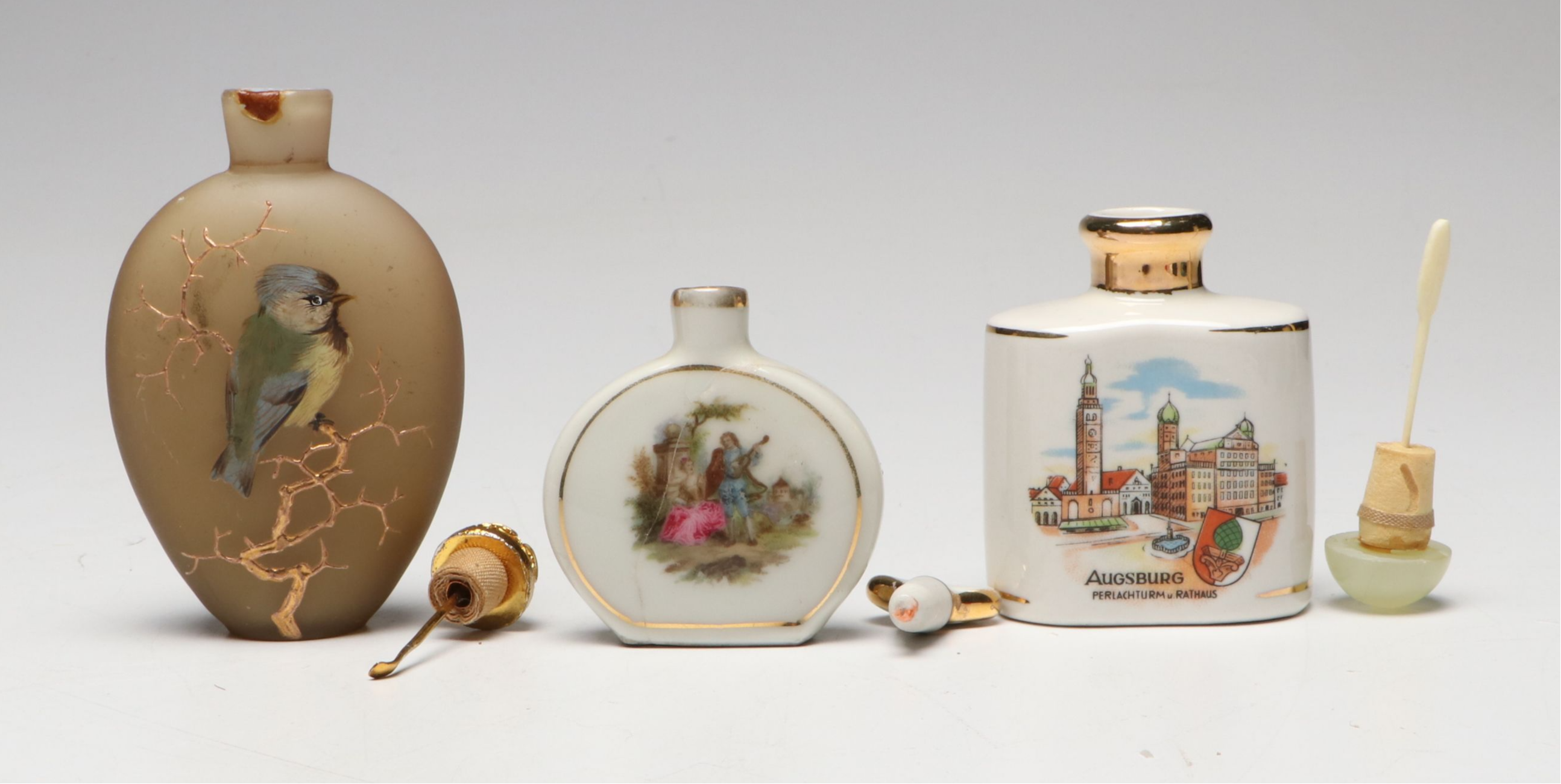 Victorian Hand-Painted Bird Snuff Bottle with Other German Porcelain Bottles