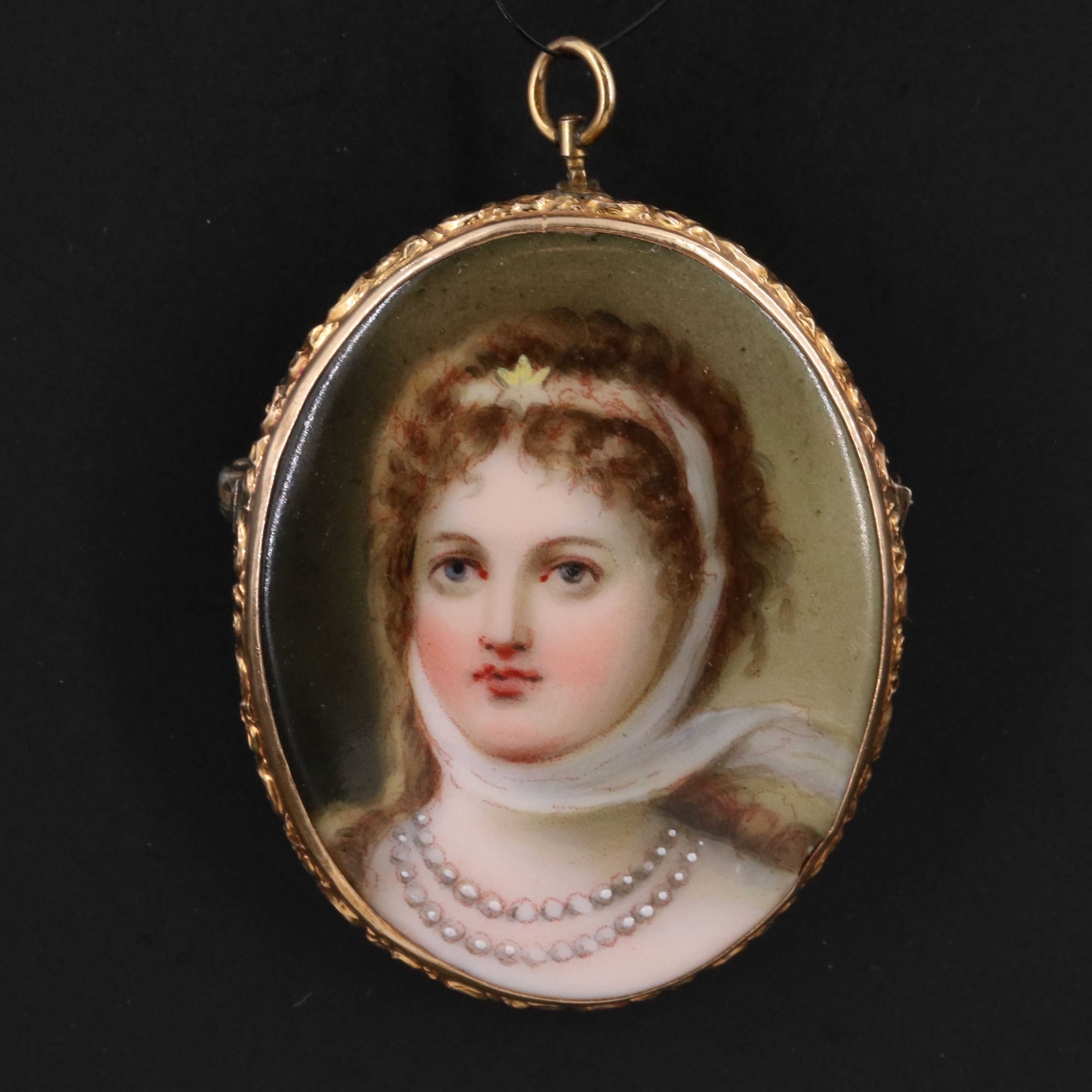 Antique 10K Miniature Portrait of Queen Louise of Prussia Converter Brooch