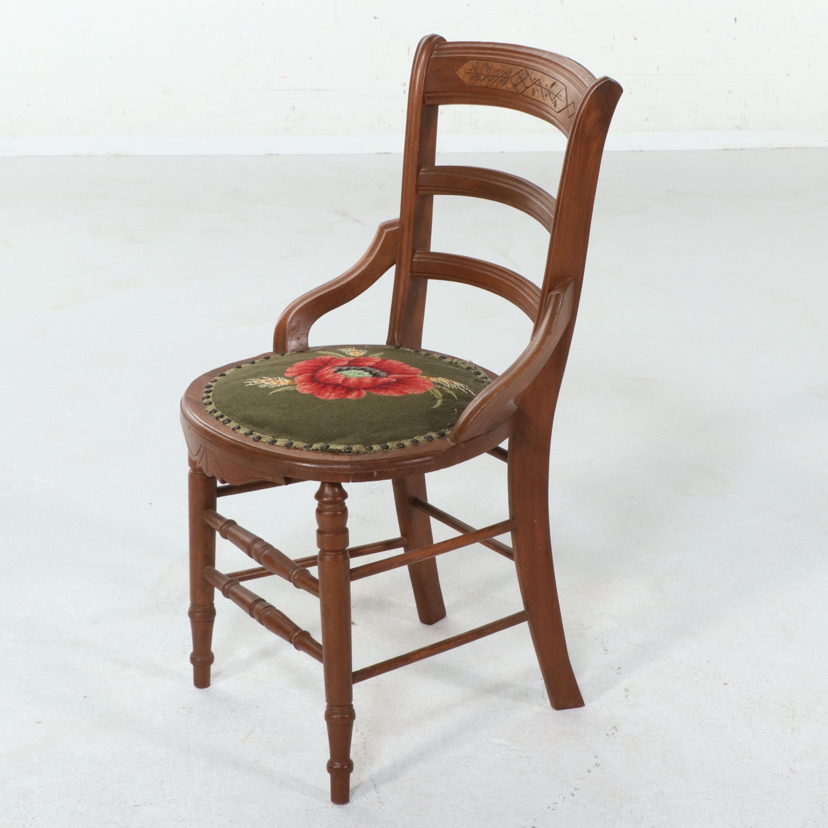 Three Continental Style Ladder-Back Armchairs with Needlepoint Seats, 20th C.