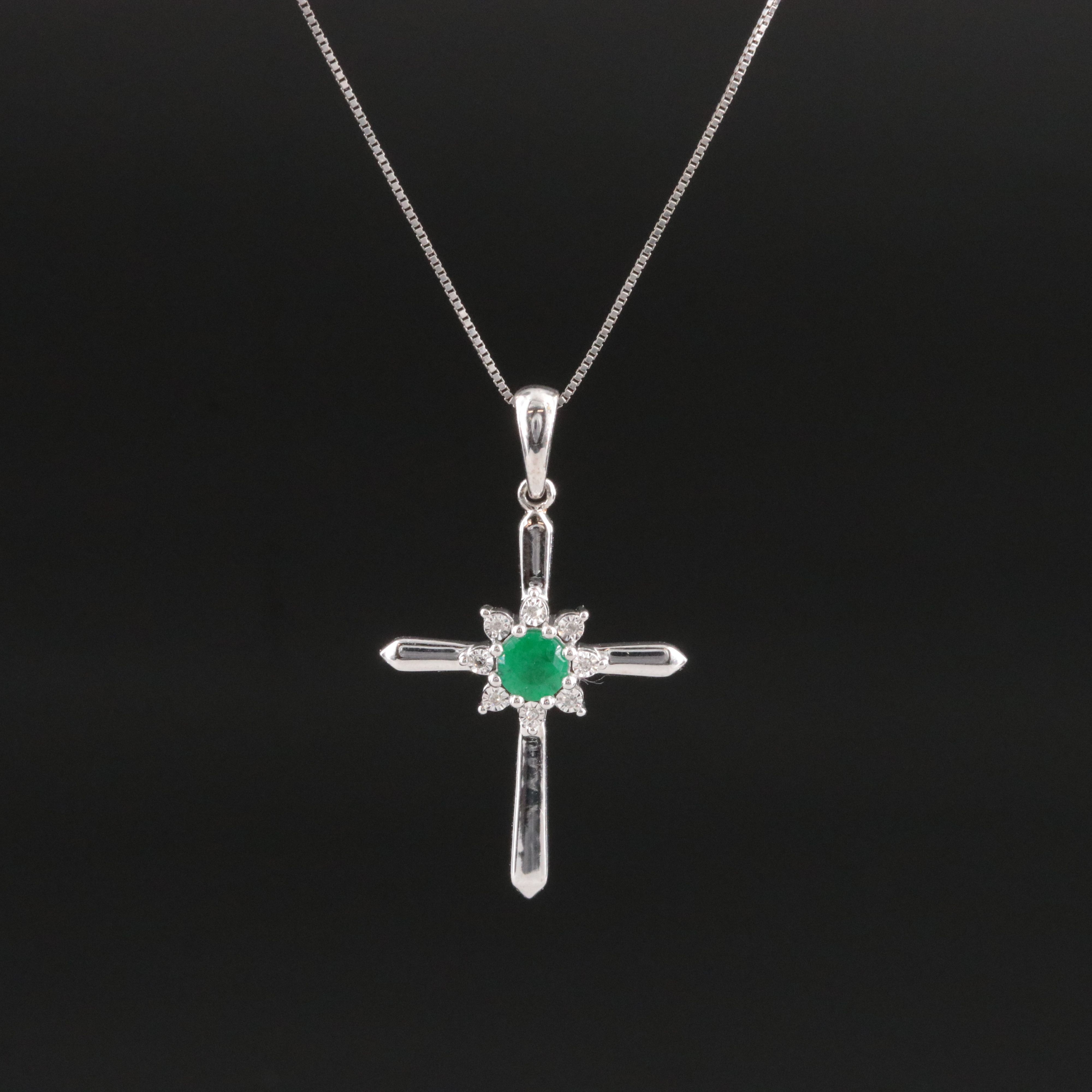 10K Emerald and Diamond Cross Pendant on 14K Chain Necklace