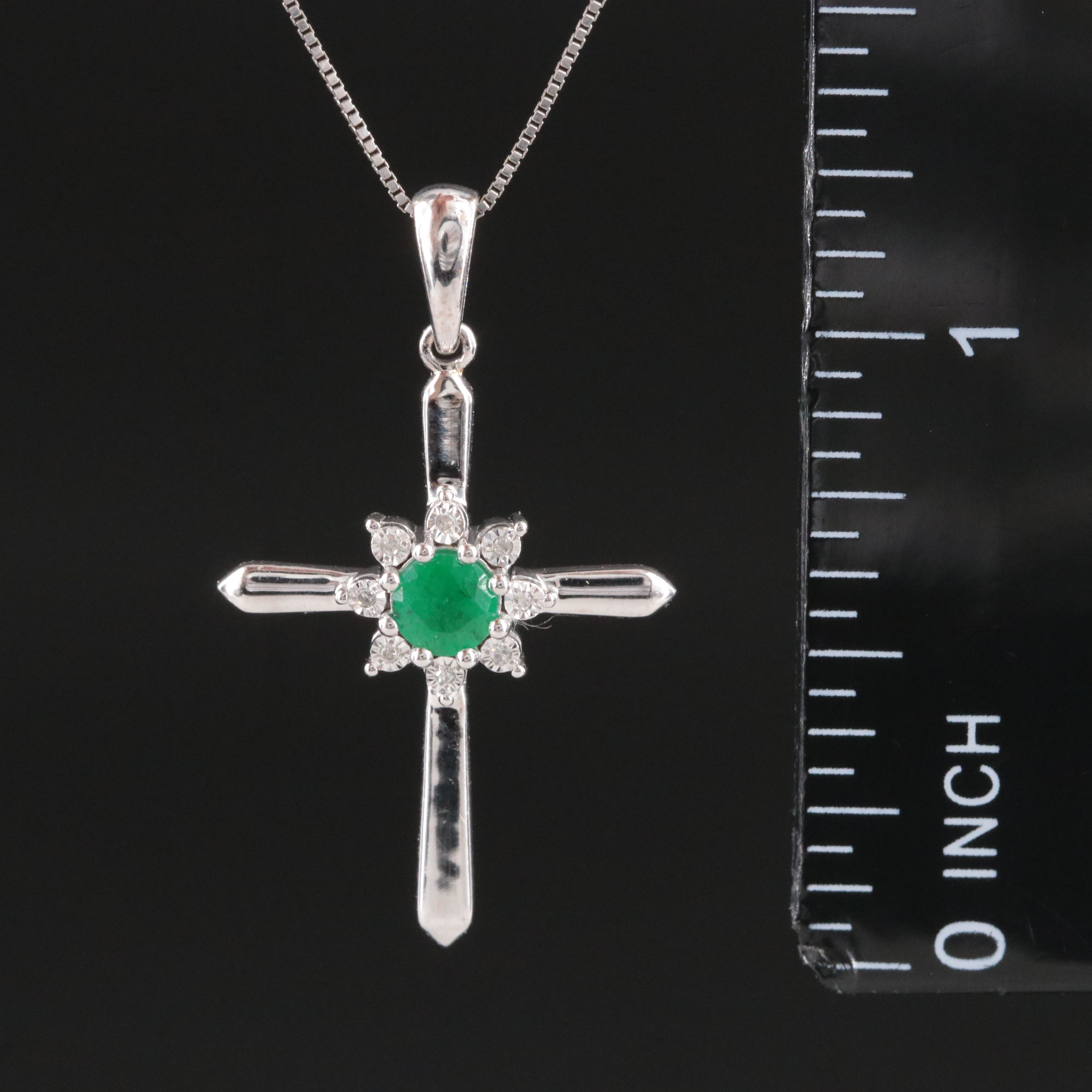 10K Emerald and Diamond Cross Pendant on 14K Chain Necklace