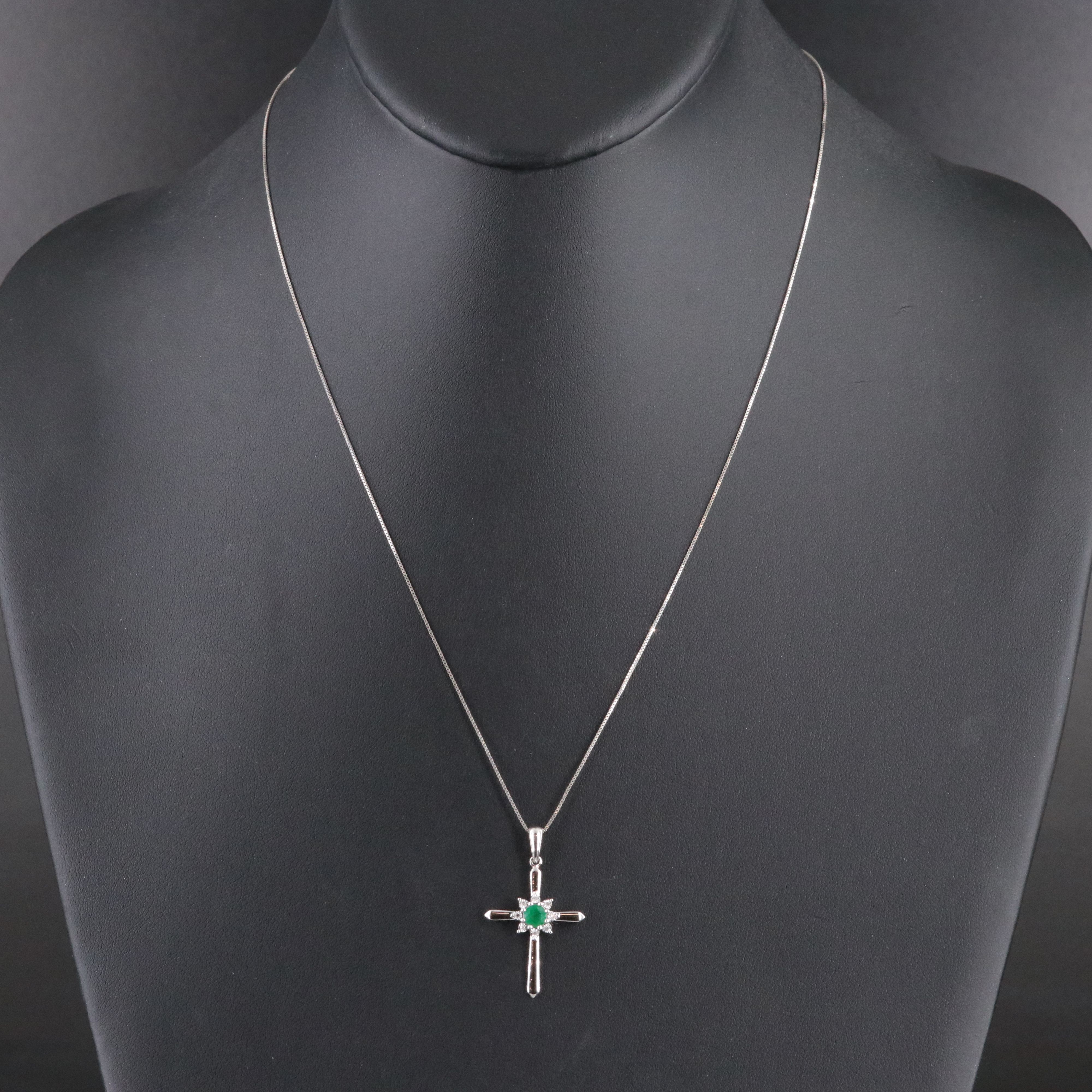 10K Emerald and Diamond Cross Pendant on 14K Chain Necklace
