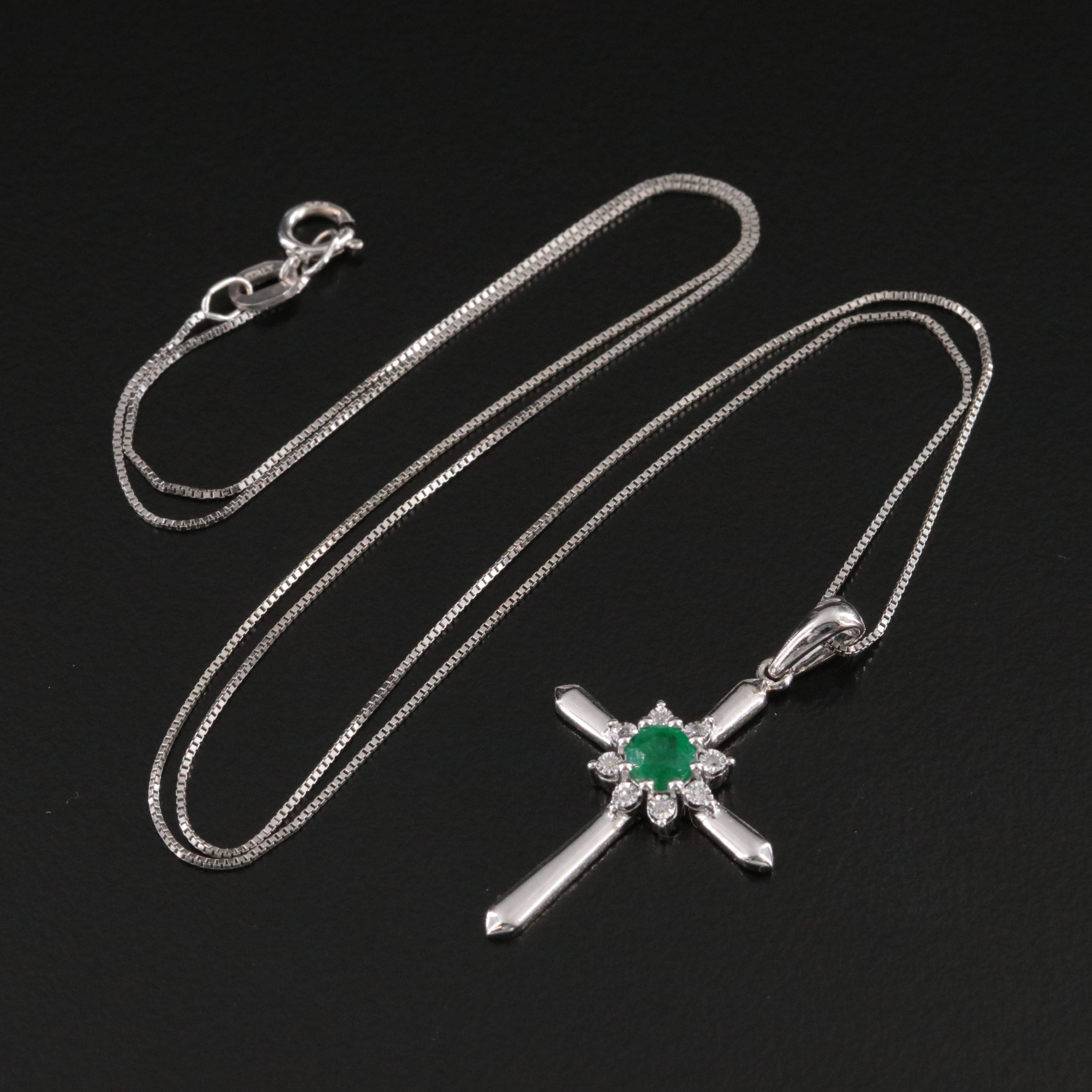 10K Emerald and Diamond Cross Pendant on 14K Chain Necklace