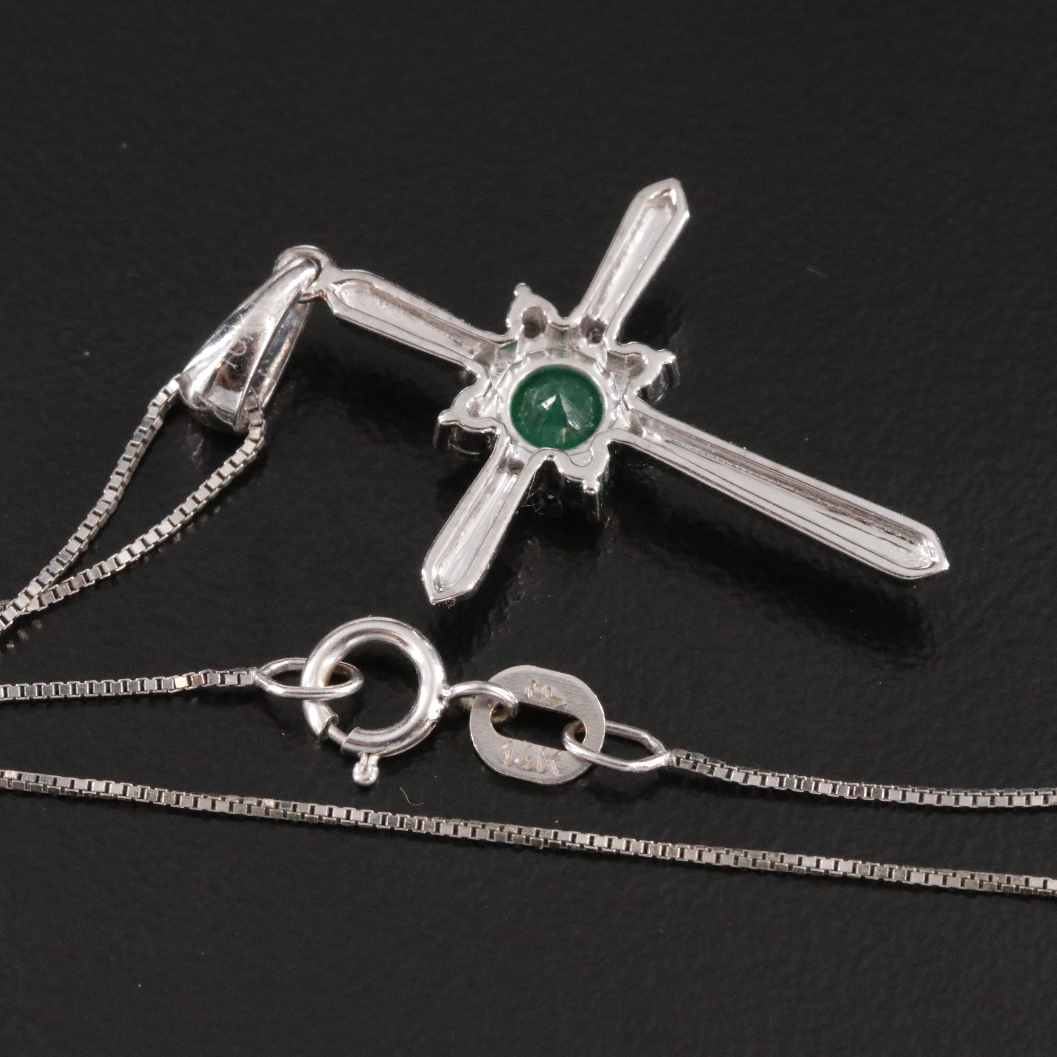 10K Emerald and Diamond Cross Pendant on 14K Chain Necklace