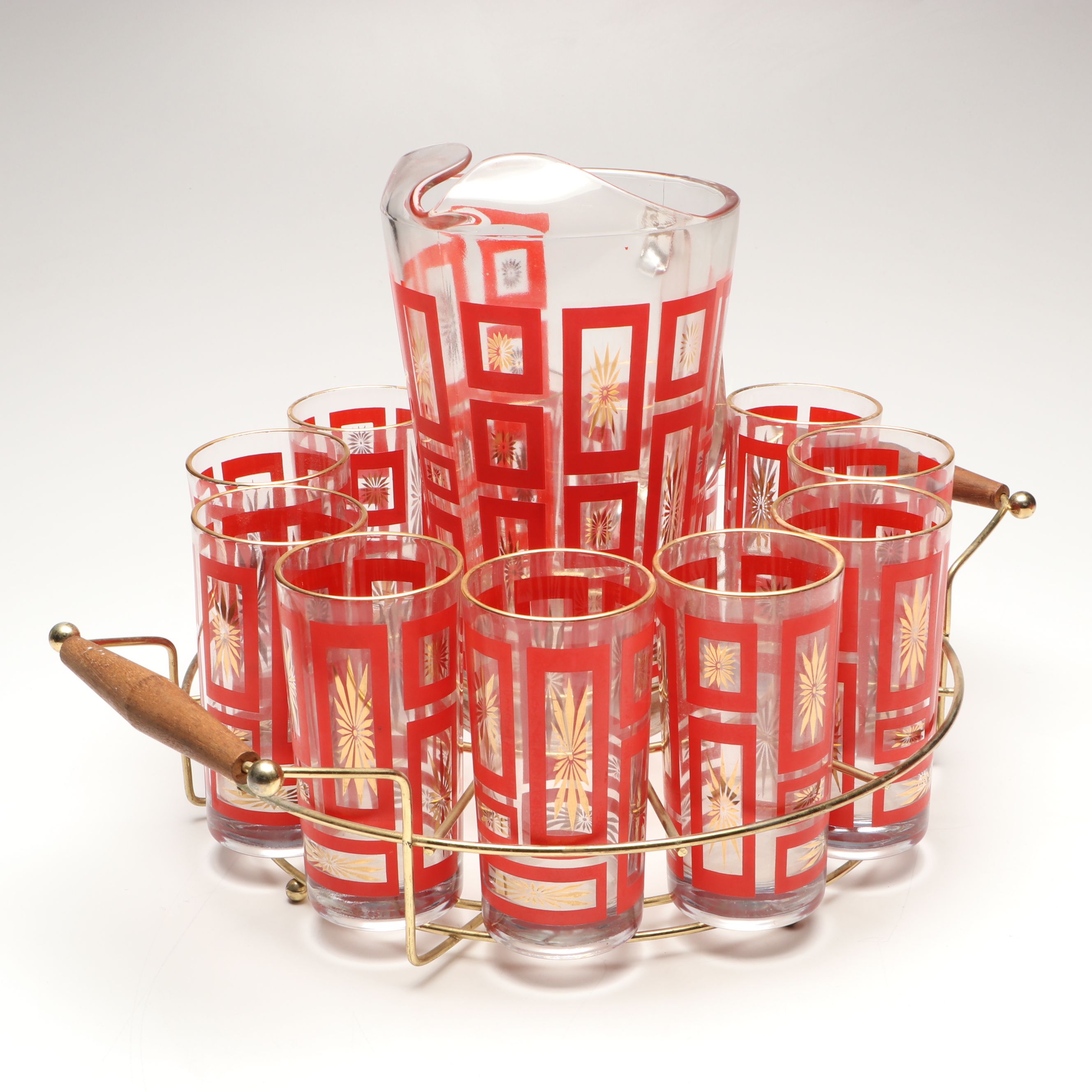 MCM Jeannette "Atomic Starburst" Glass Cocktail Shaker, Pitcher and More Barware