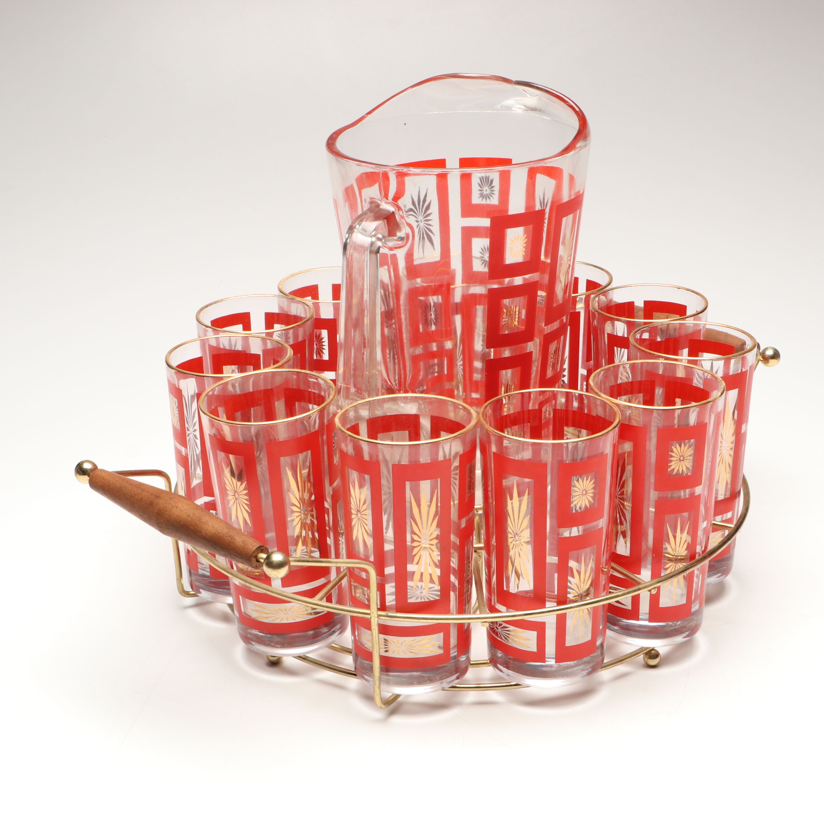 MCM Jeannette "Atomic Starburst" Glass Cocktail Shaker, Pitcher and More Barware