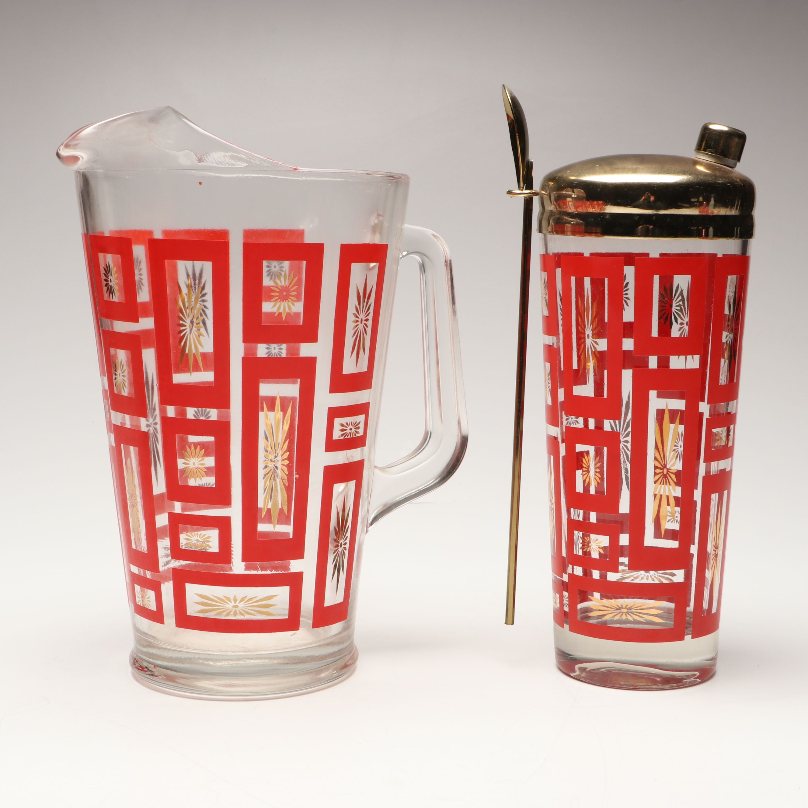 MCM Jeannette "Atomic Starburst" Glass Cocktail Shaker, Pitcher and More Barware