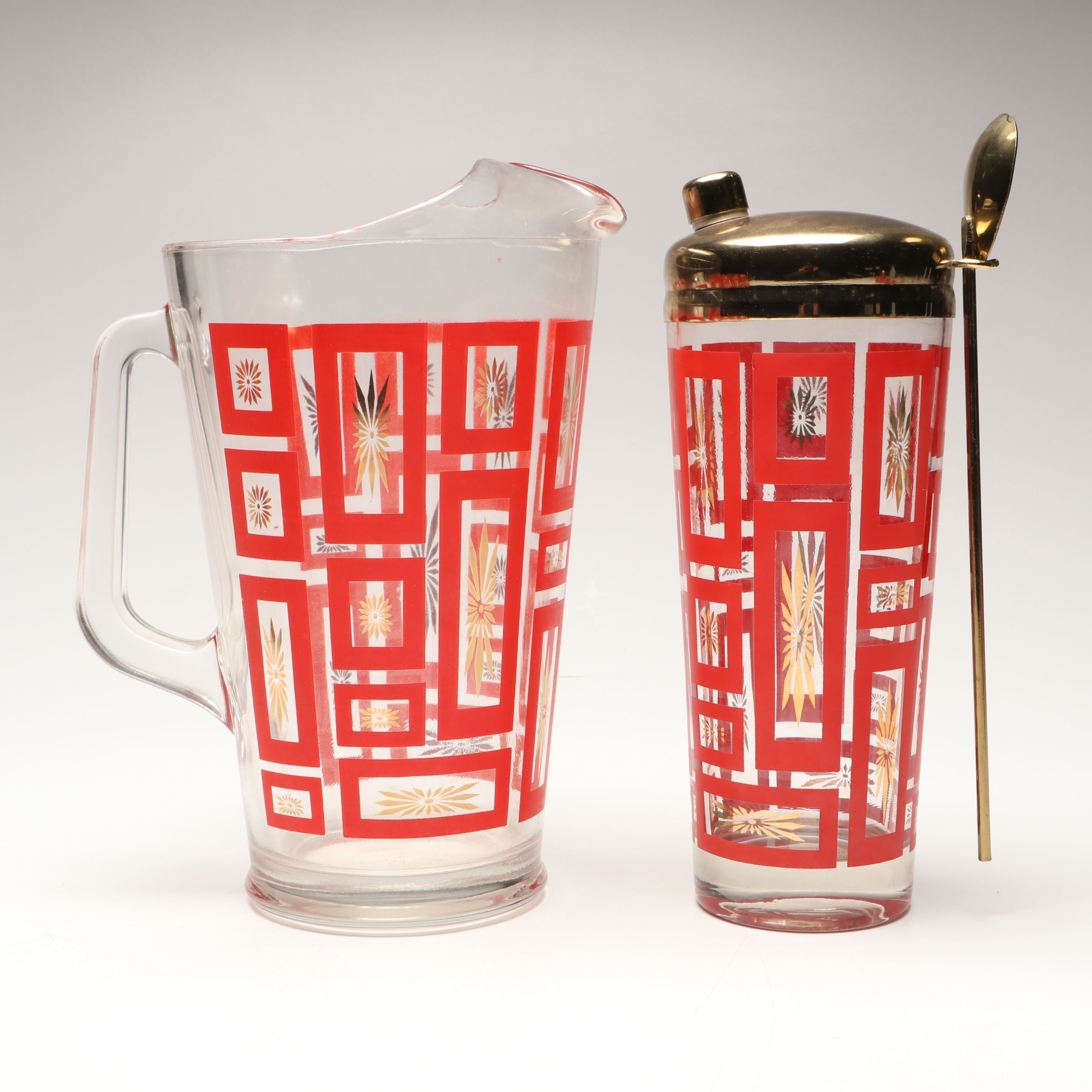 MCM Jeannette "Atomic Starburst" Glass Cocktail Shaker, Pitcher and More Barware