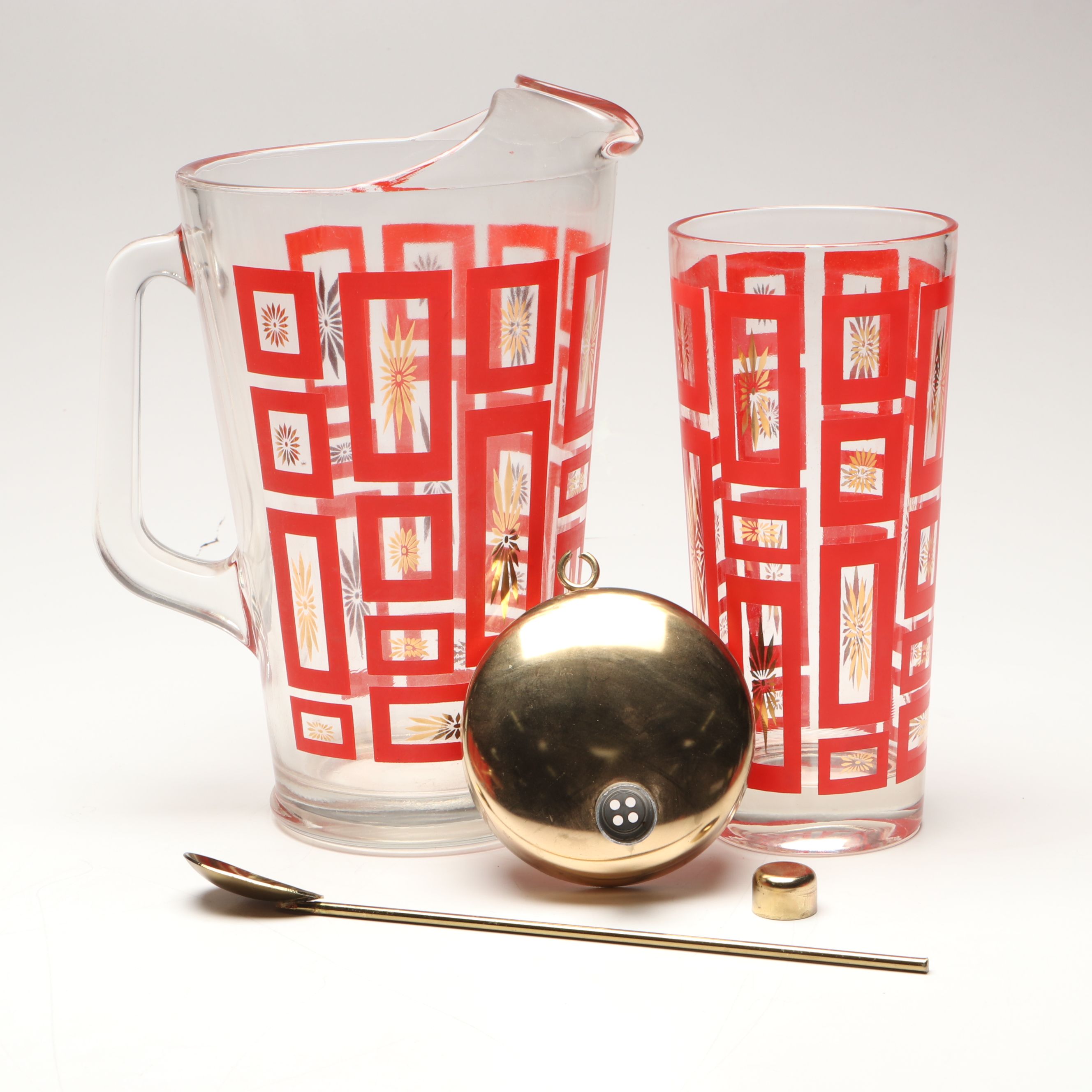 MCM Jeannette "Atomic Starburst" Glass Cocktail Shaker, Pitcher and More Barware