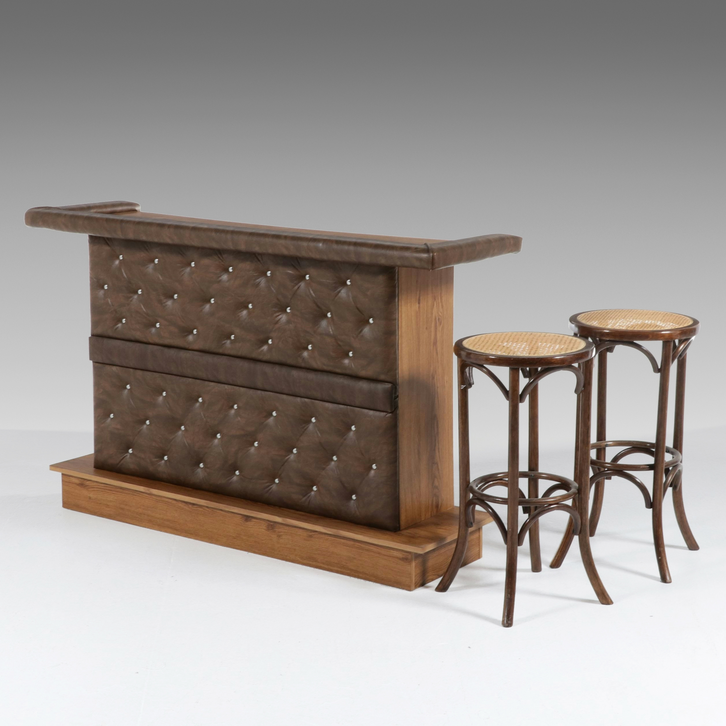 Mid-Century Style Faux-Leather Tufted Bar with Thonet Style Barstools