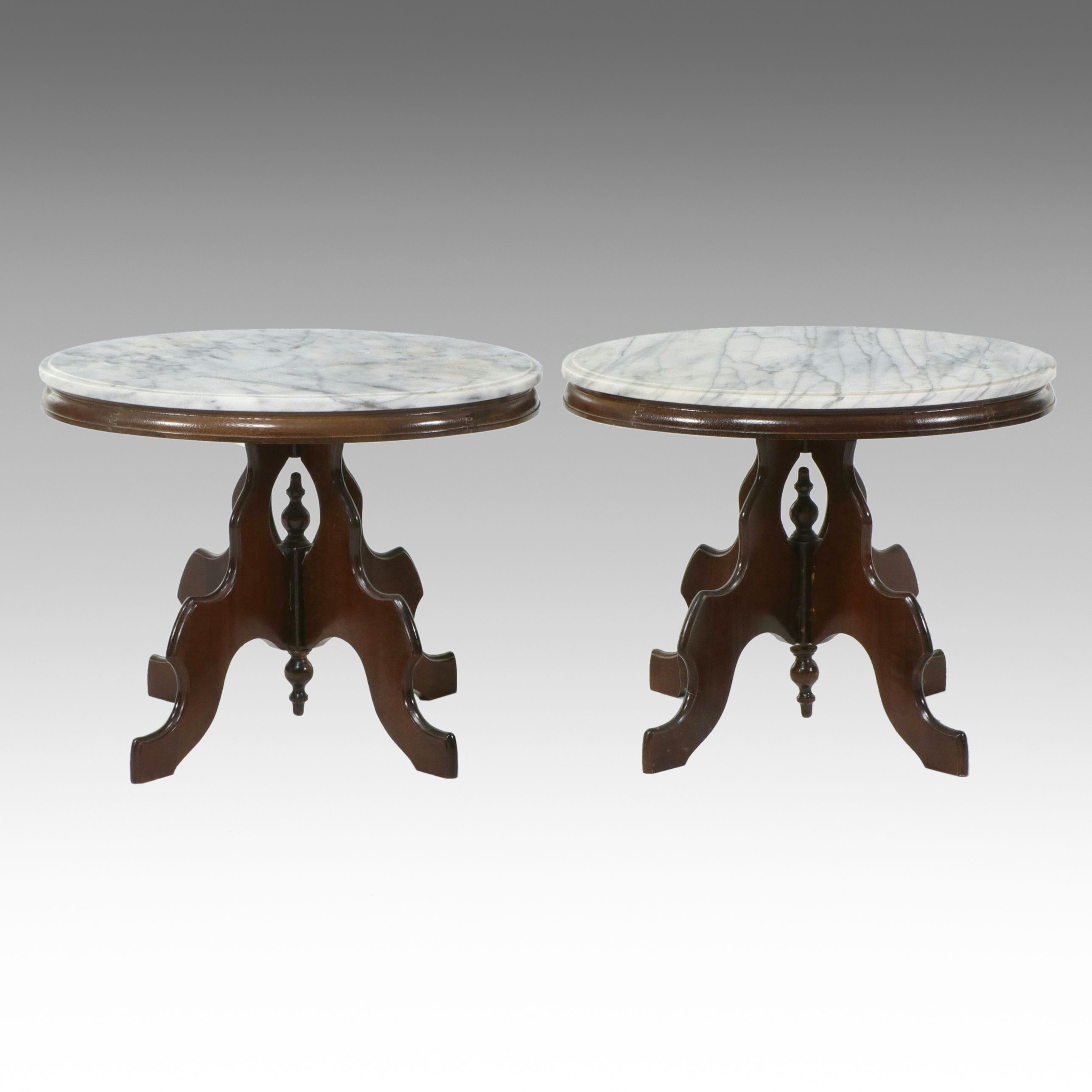 Pair of Victorian Revival Marble-Top Side Tables, Mid-20th Century