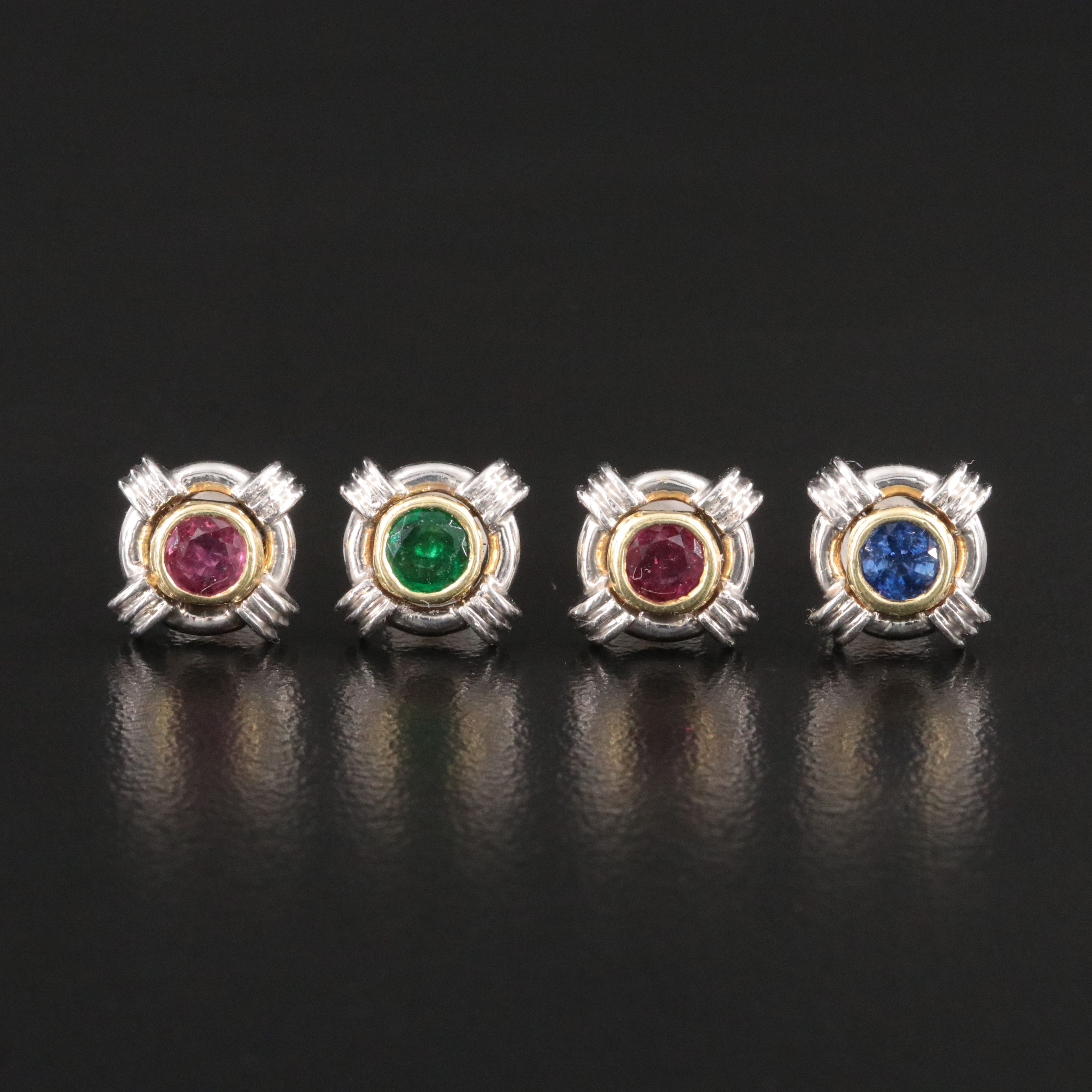 Platinum Ruby, Sapphire, and Emerald Stud  Earrings with 18K Accents