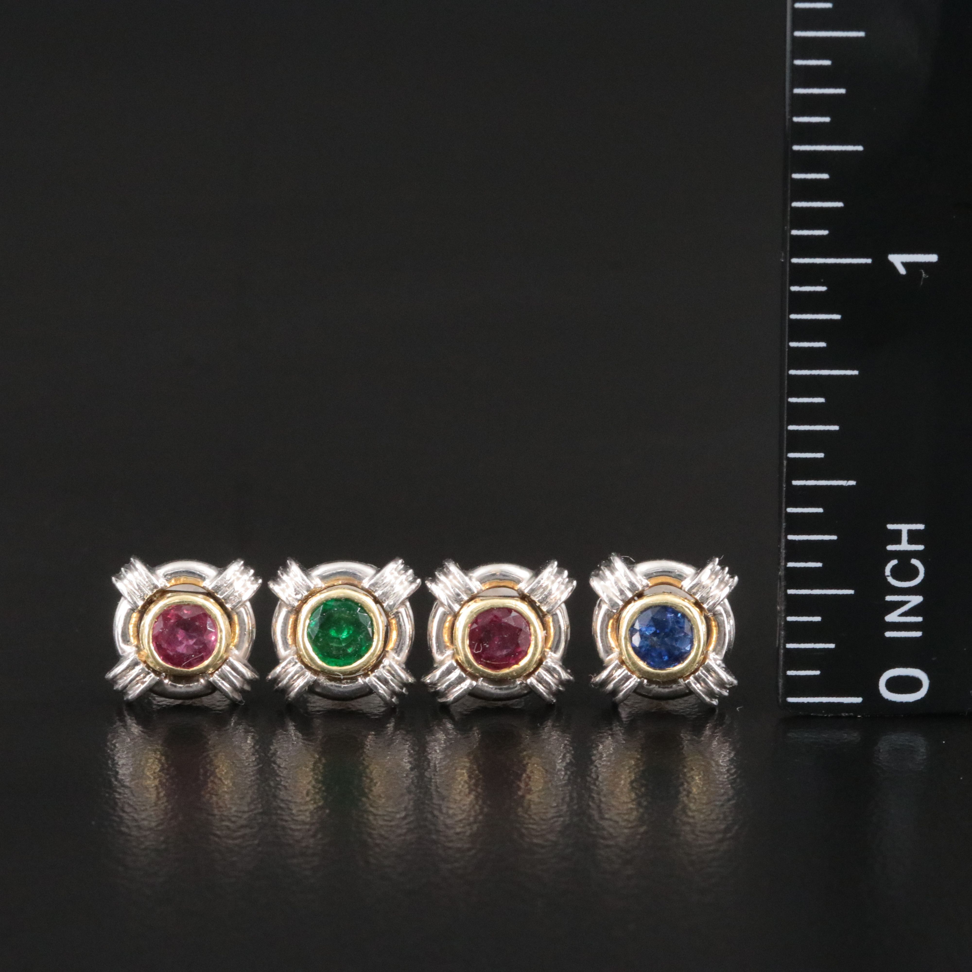Platinum Ruby, Sapphire, and Emerald Stud  Earrings with 18K Accents