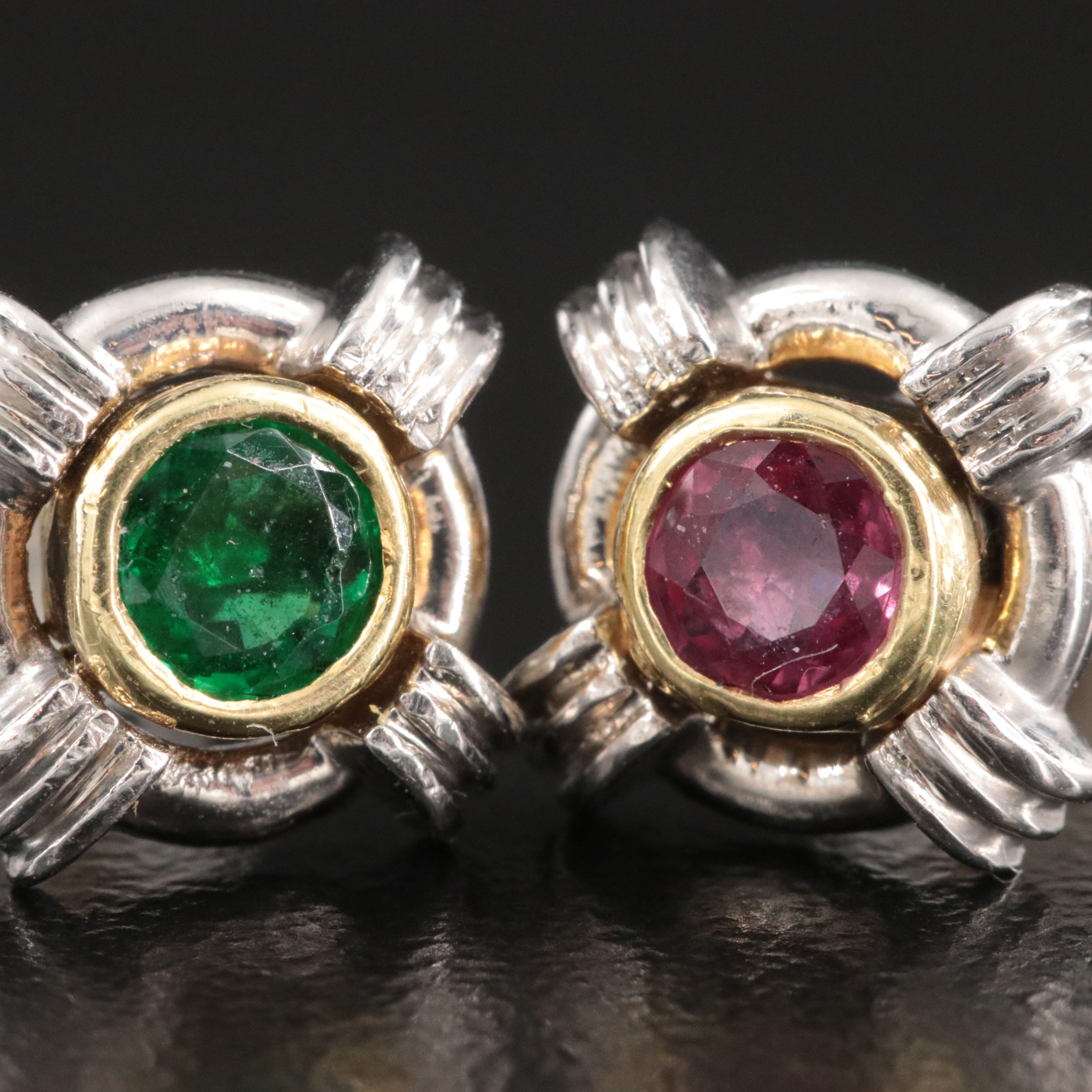 Platinum Ruby, Sapphire, and Emerald Stud  Earrings with 18K Accents