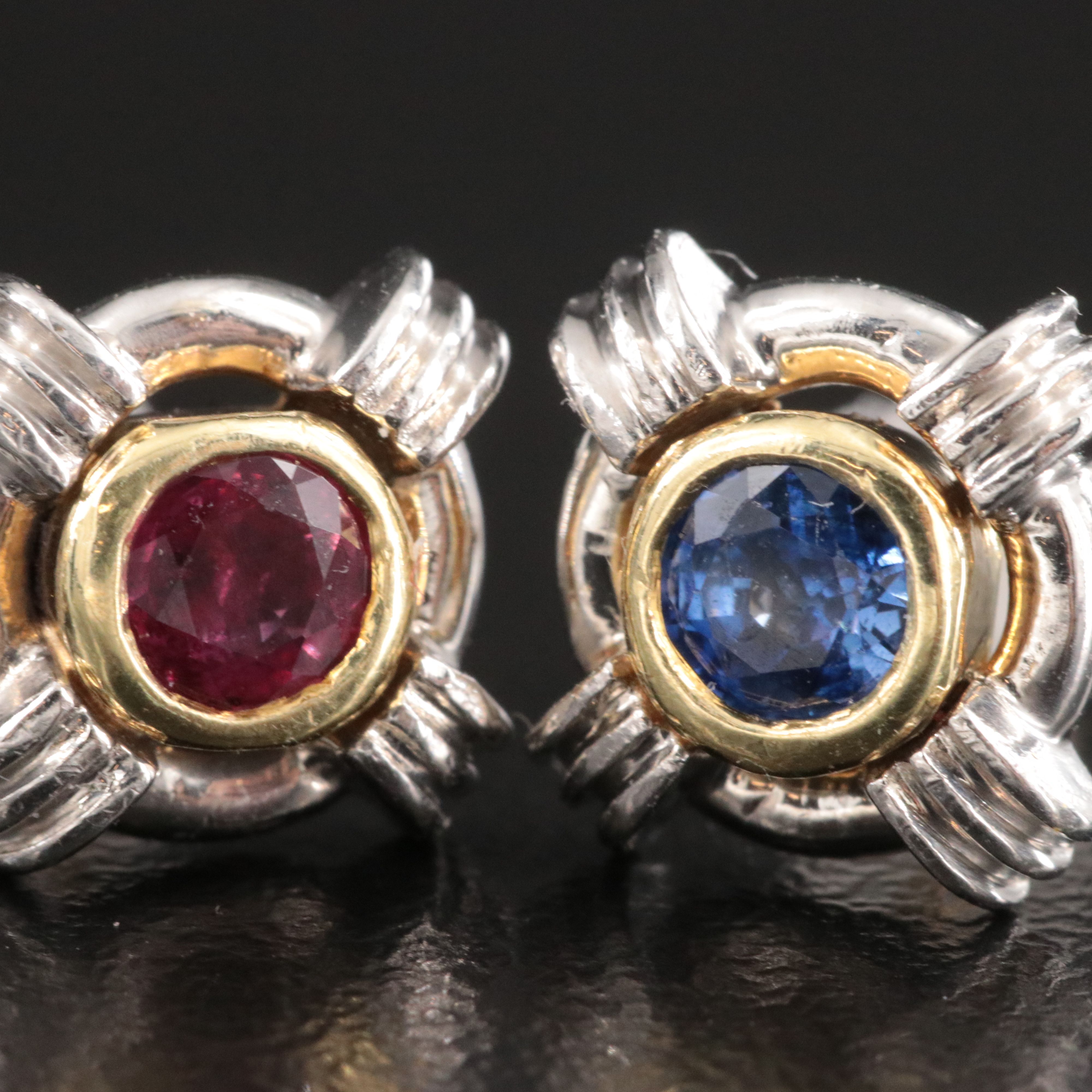 Platinum Ruby, Sapphire, and Emerald Stud  Earrings with 18K Accents