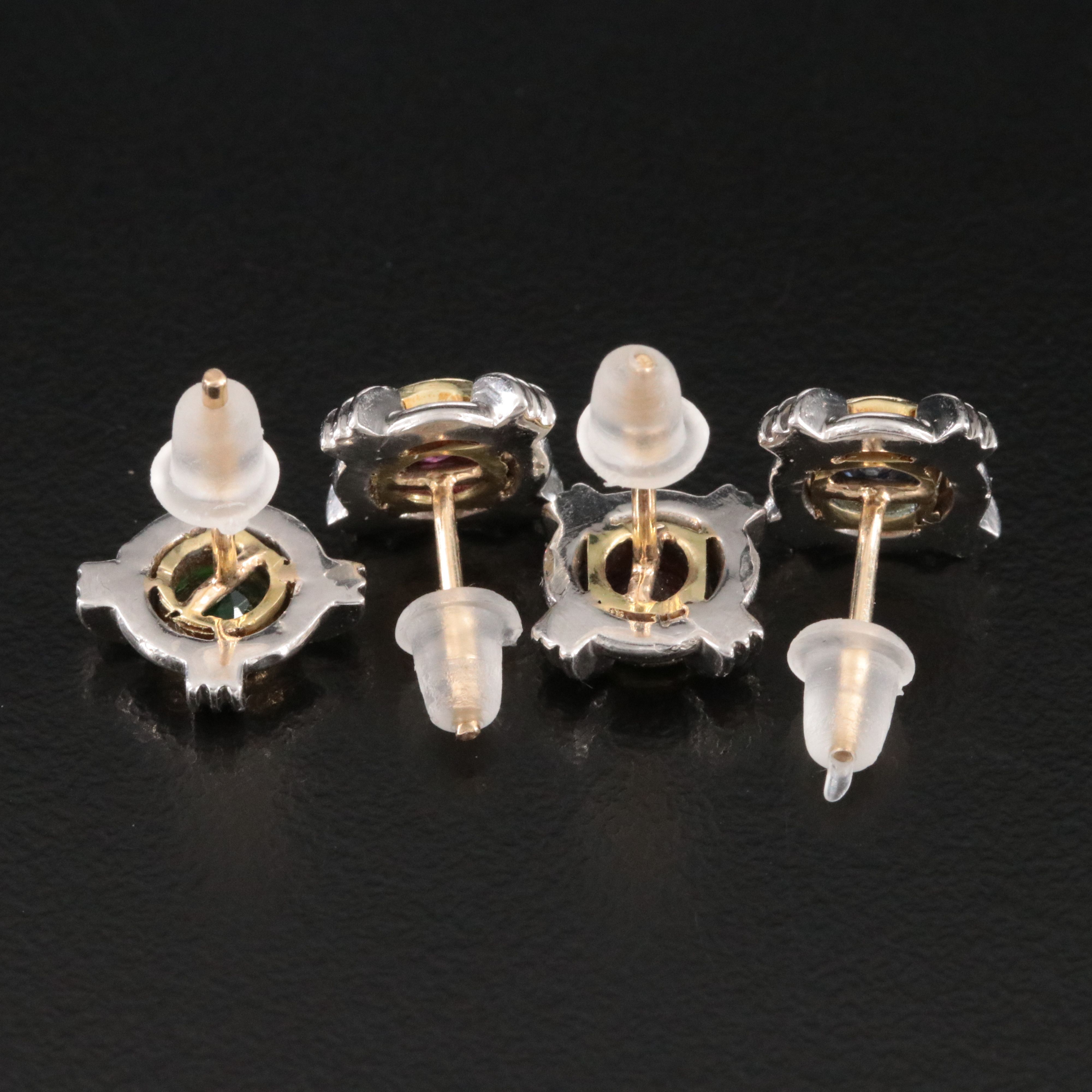 Platinum Ruby, Sapphire, and Emerald Stud  Earrings with 18K Accents