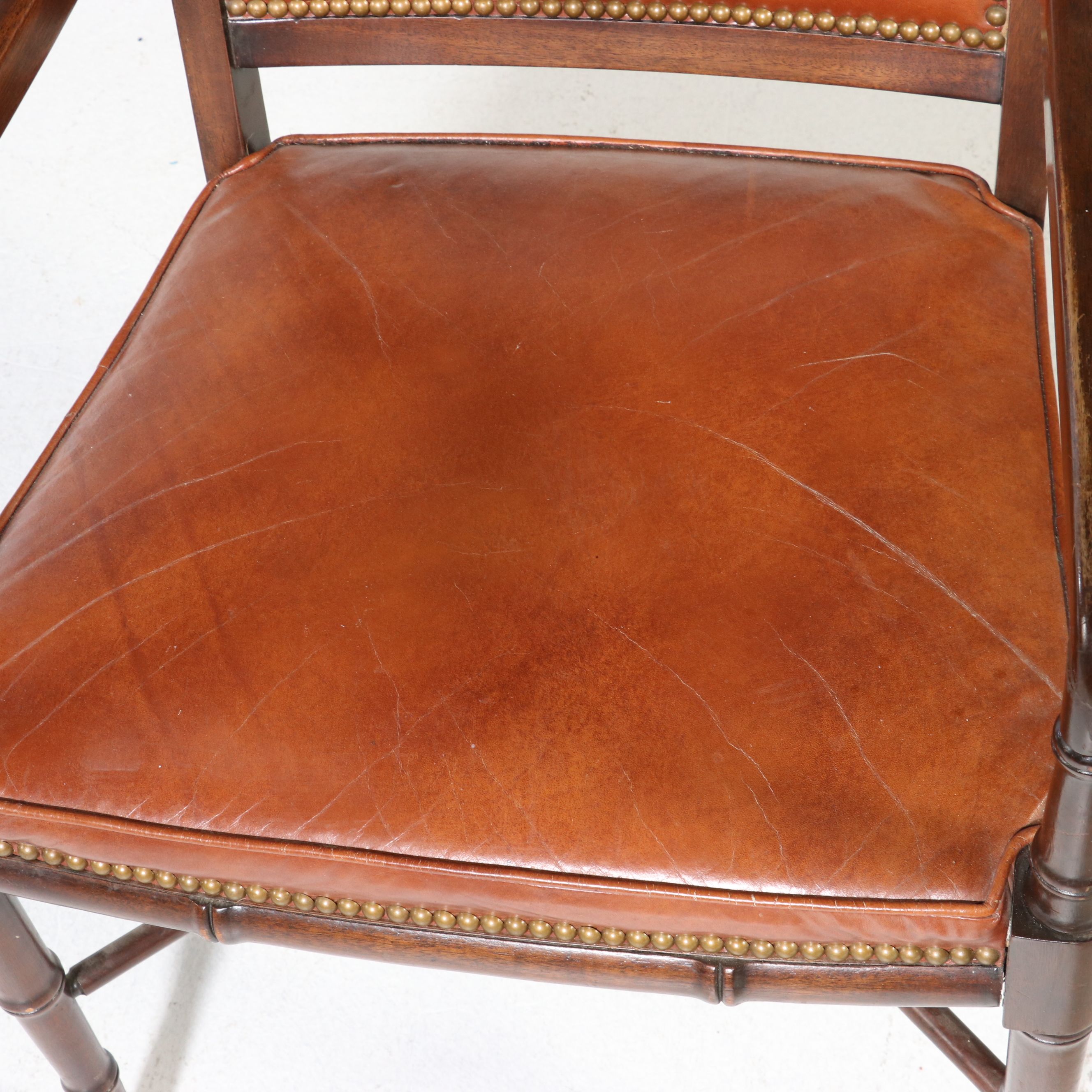 Hickory Chair Regency Style Bamboo Carved Mahogany and Leather Armchair