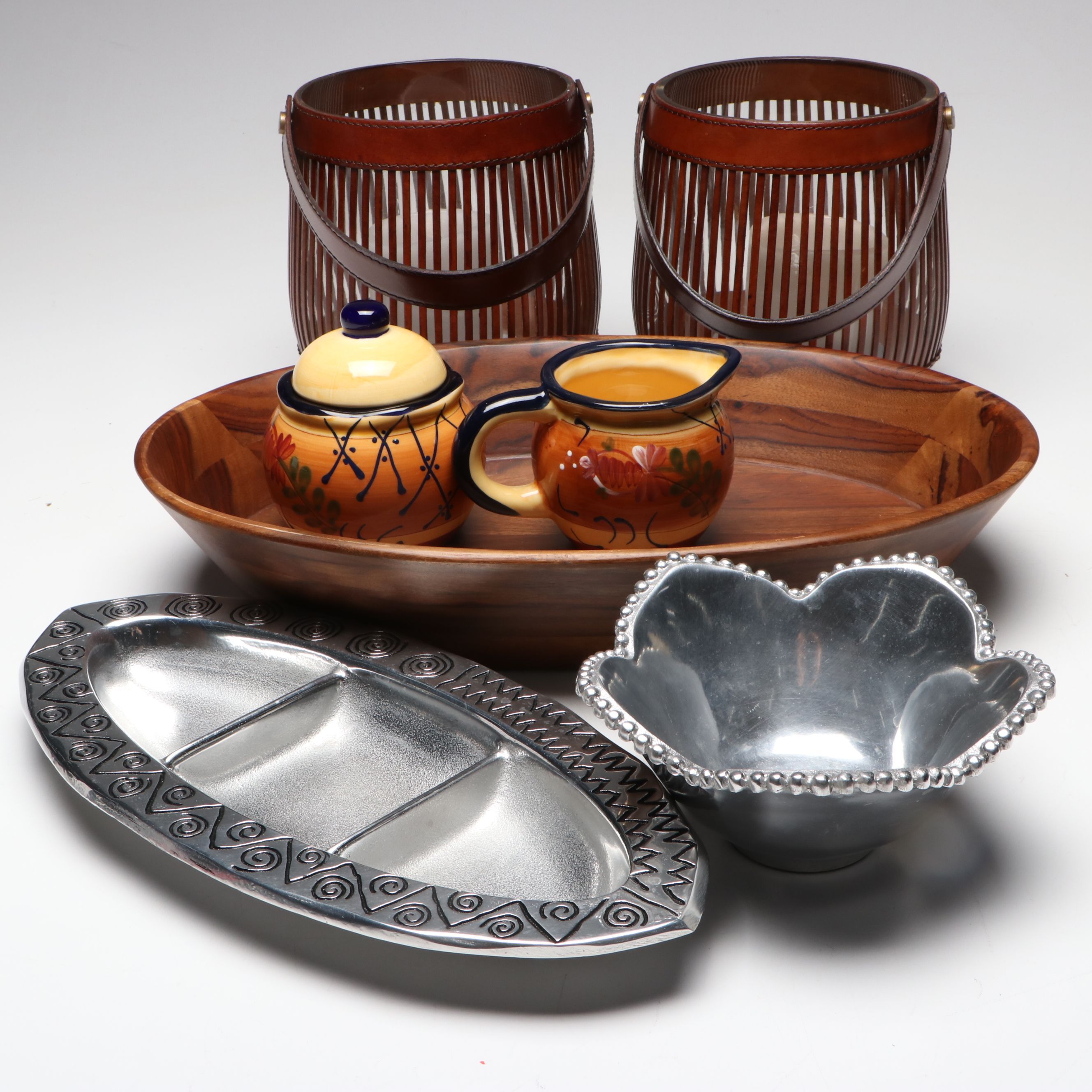 Arhaus "Andres" Leather Hurricane Candle Lamps with Other Tableware and Décor