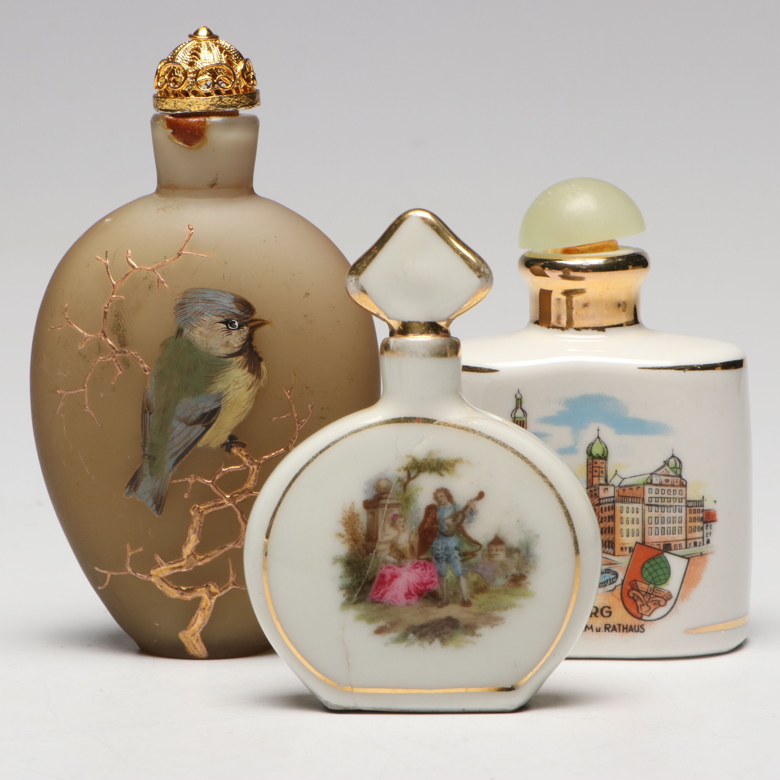 Victorian Hand-Painted Bird Snuff Bottle with Other German Porcelain Bottles