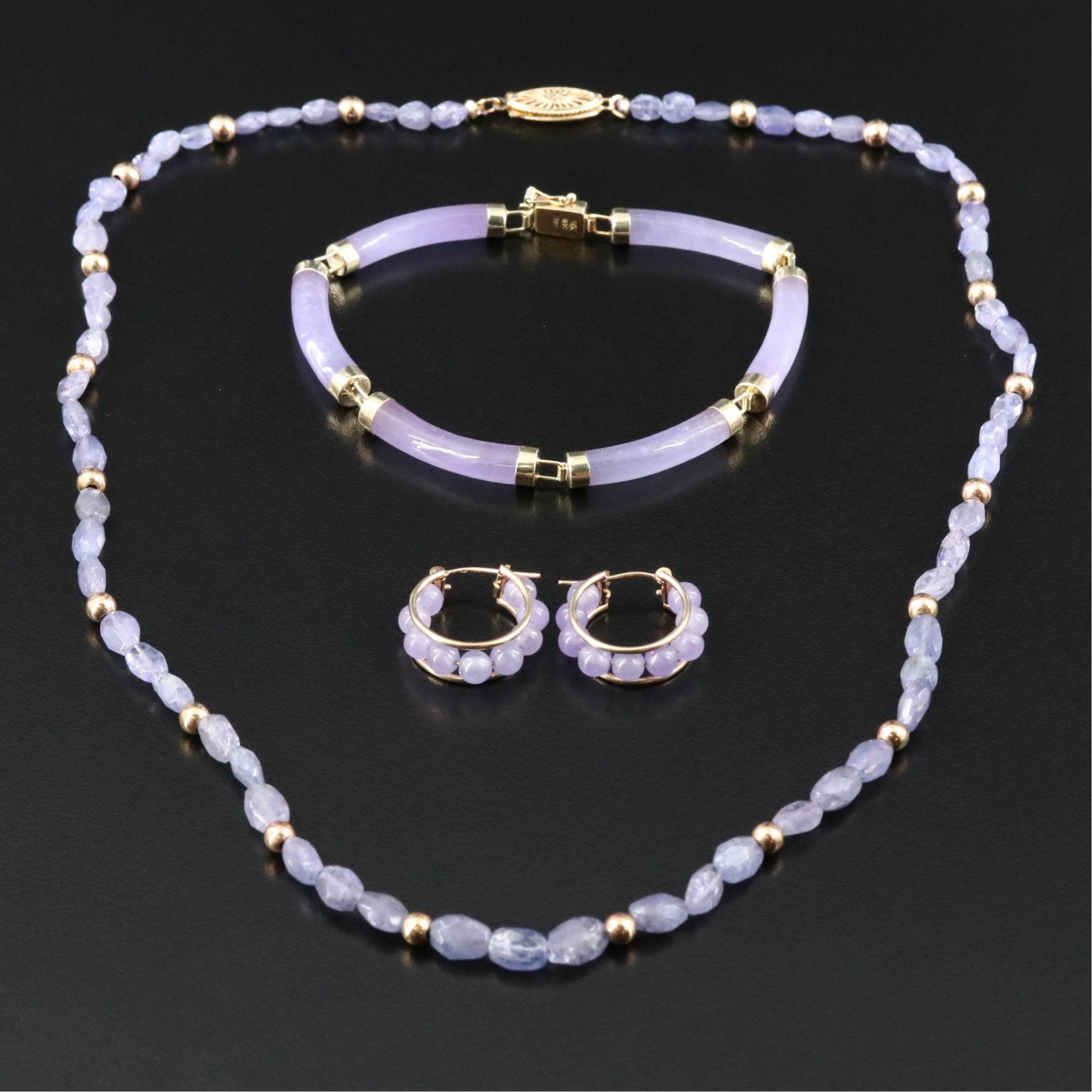 14K Tanzanite Necklace and Jadeite Hoop Earrings and Longevity Clasp Bracelet
