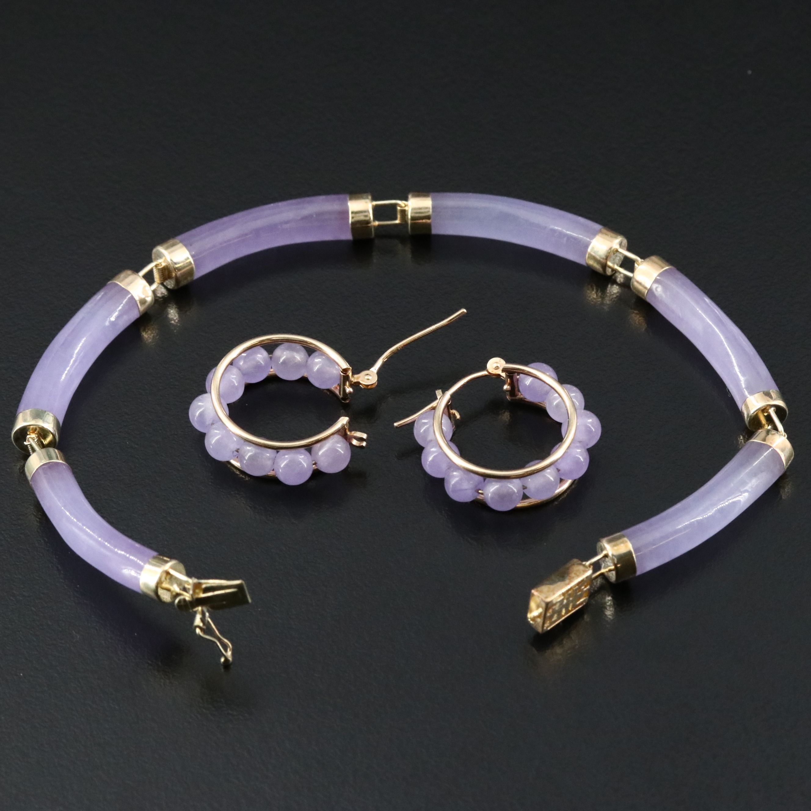 14K Tanzanite Necklace and Jadeite Hoop Earrings and Longevity Clasp Bracelet