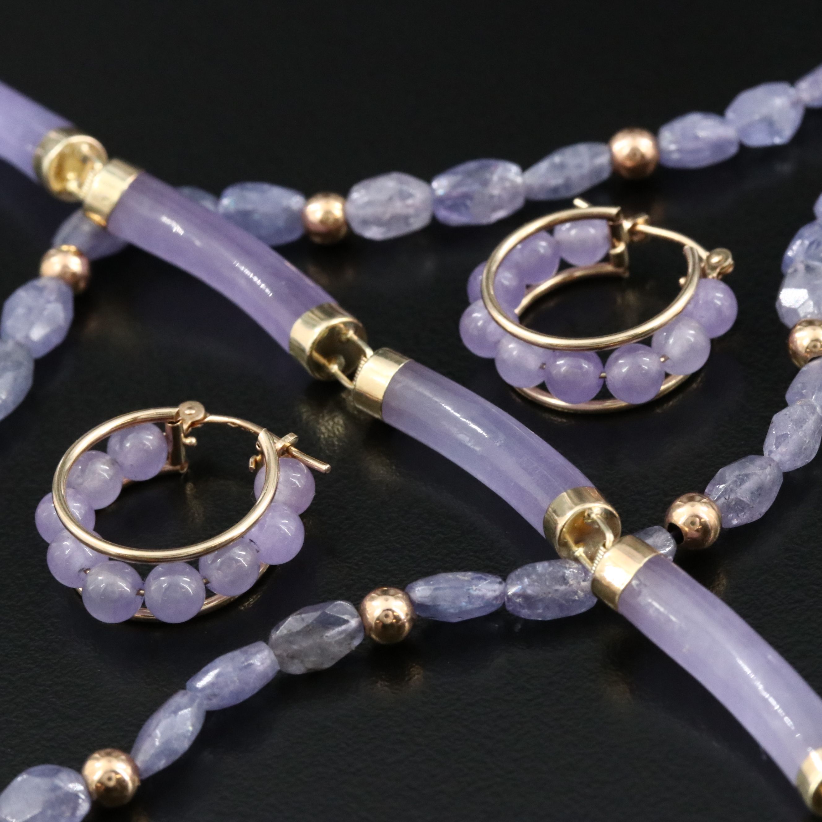14K Tanzanite Necklace and Jadeite Hoop Earrings and Longevity Clasp Bracelet