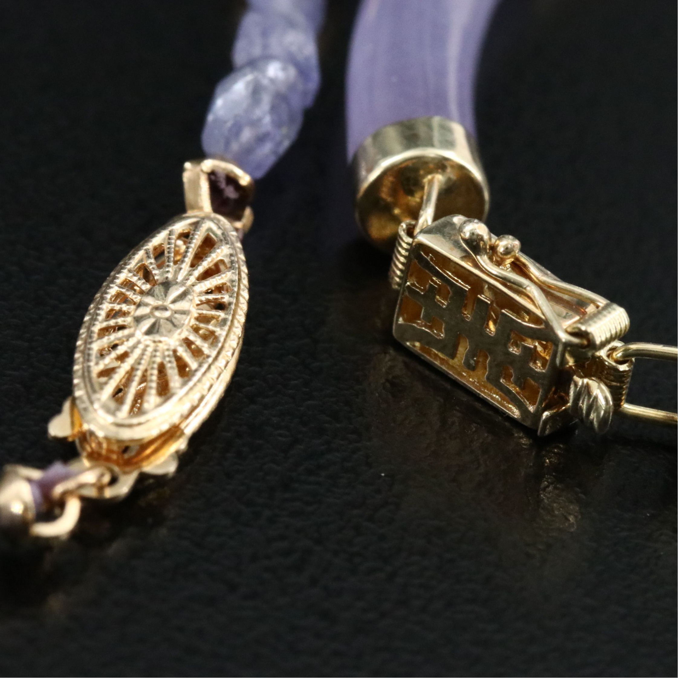 14K Tanzanite Necklace and Jadeite Hoop Earrings and Longevity Clasp Bracelet