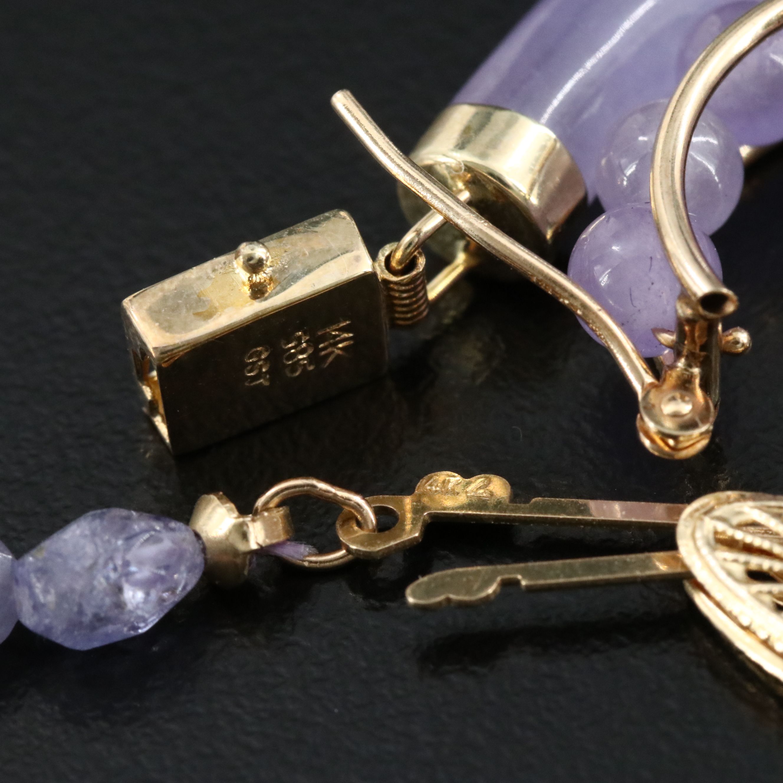 14K Tanzanite Necklace and Jadeite Hoop Earrings and Longevity Clasp Bracelet