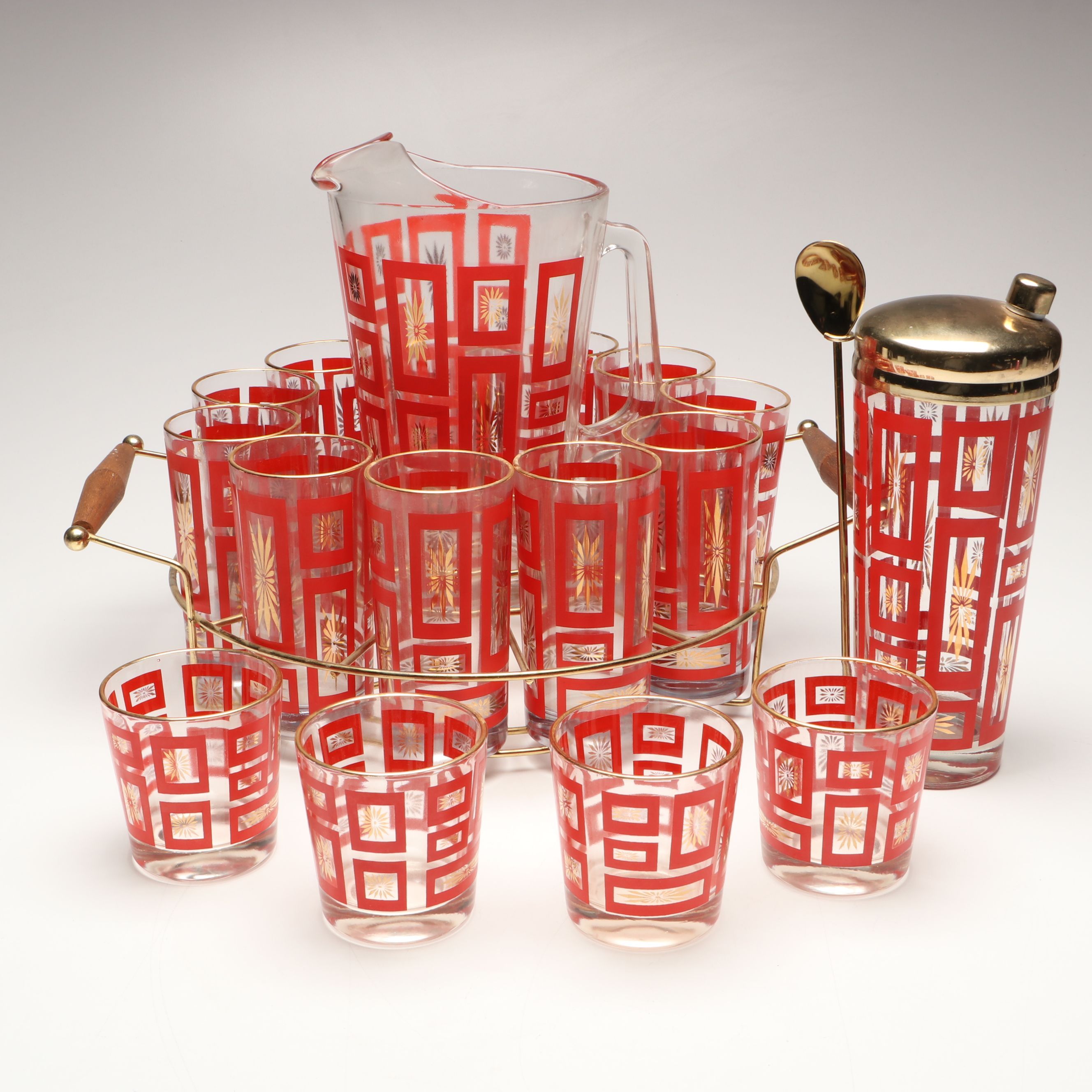 MCM Jeannette "Atomic Starburst" Glass Cocktail Shaker, Pitcher and More Barware
