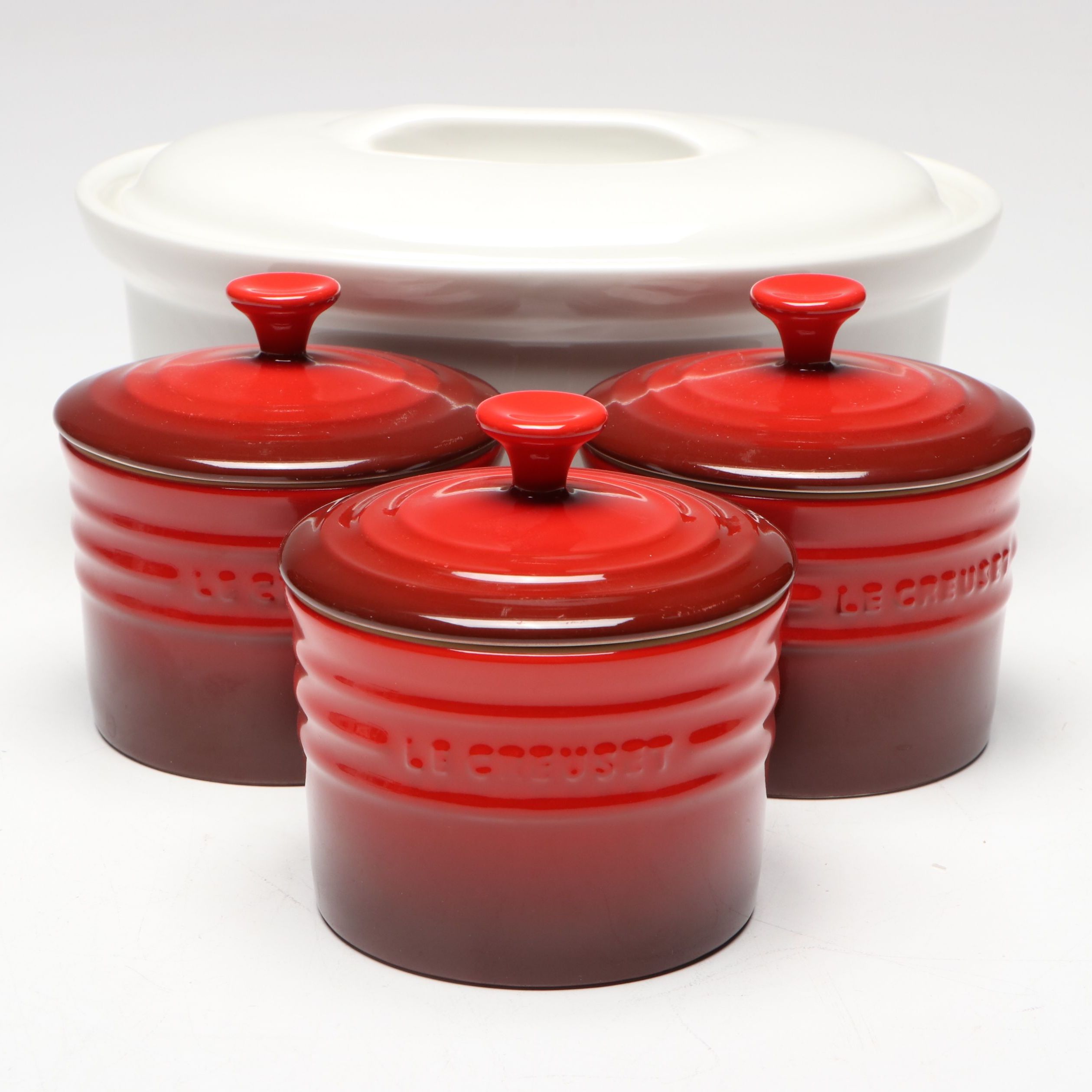 Le Creuset "Cerise" Ceramic Storage Jars with Apilco Porcelain Casserole