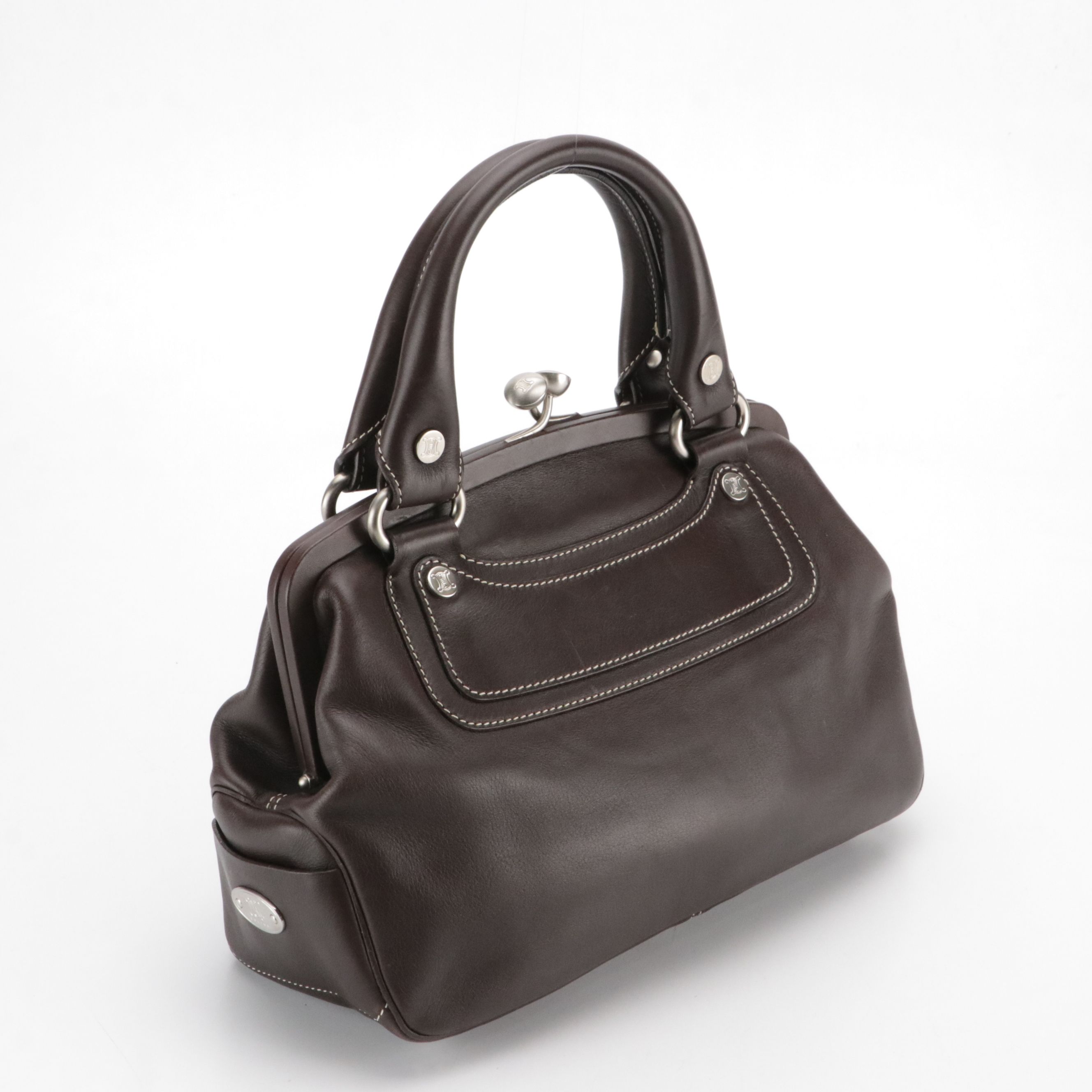 Celine Brown Leather Kiss Lock Boogie Handbag with Contrast Stitching