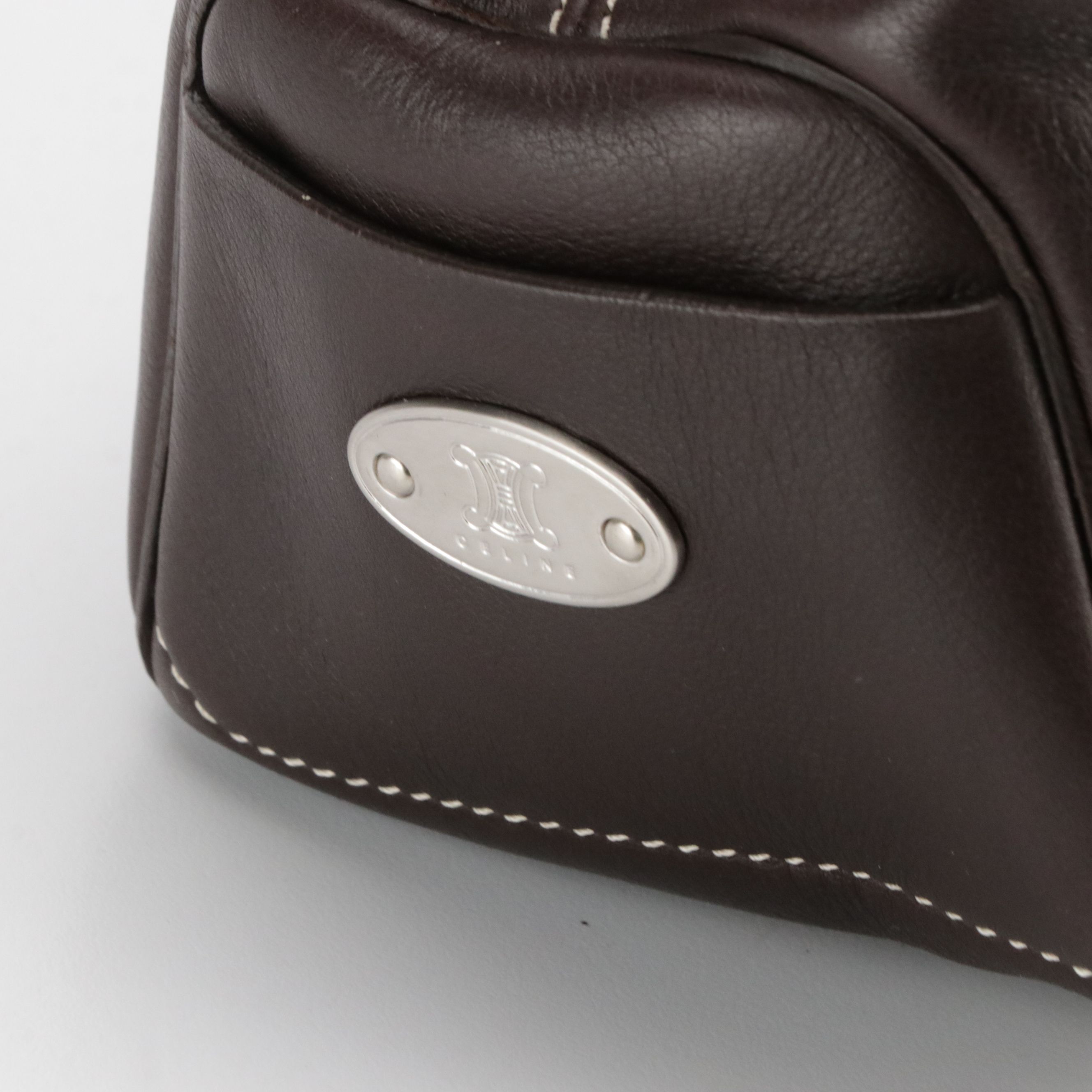 Celine Brown Leather Kiss Lock Boogie Handbag with Contrast Stitching