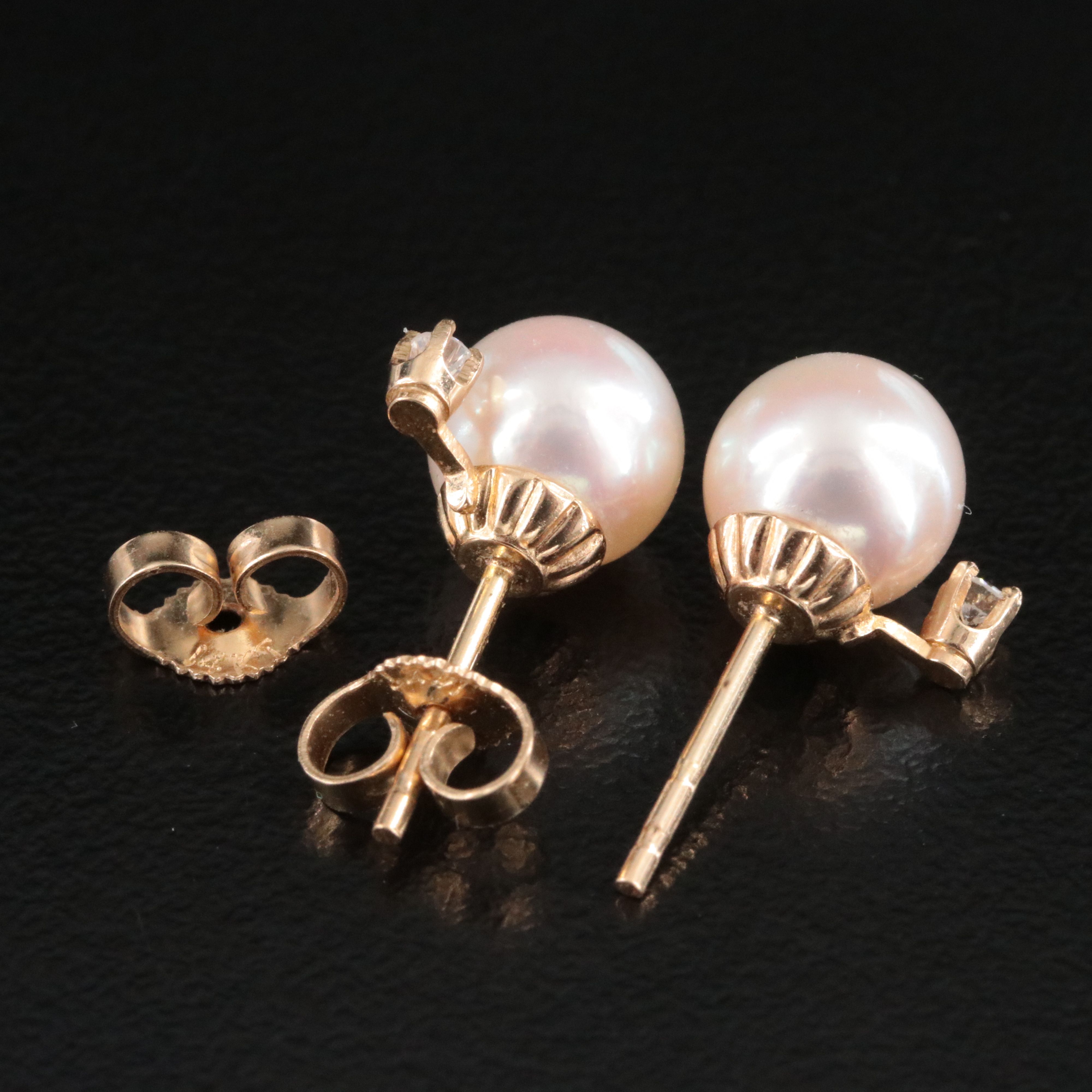 14K Pearl and Diamond Stud Earrings