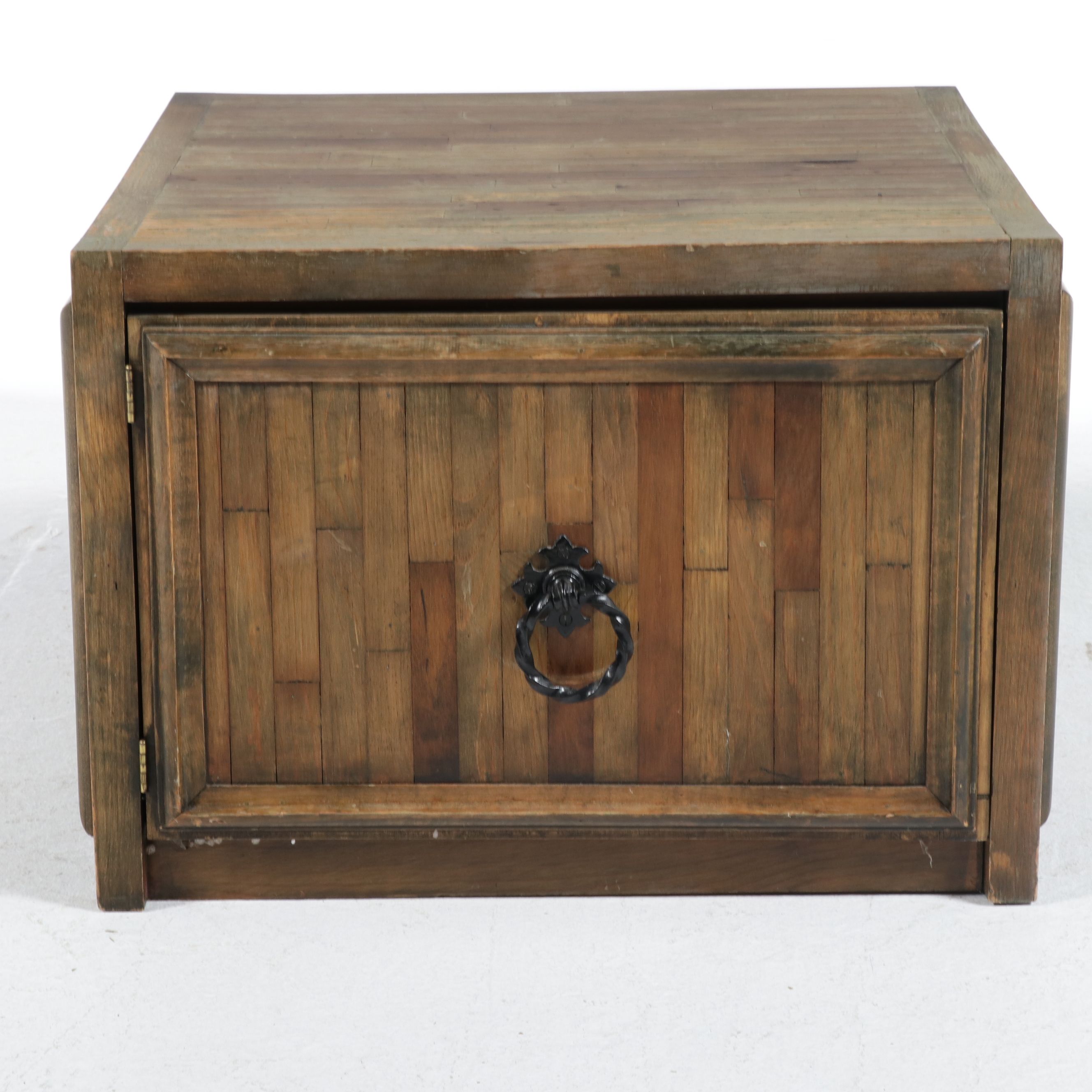 Rustic Parquet-Style Hardwood Cube Side Table with Cabinet, 21st Century